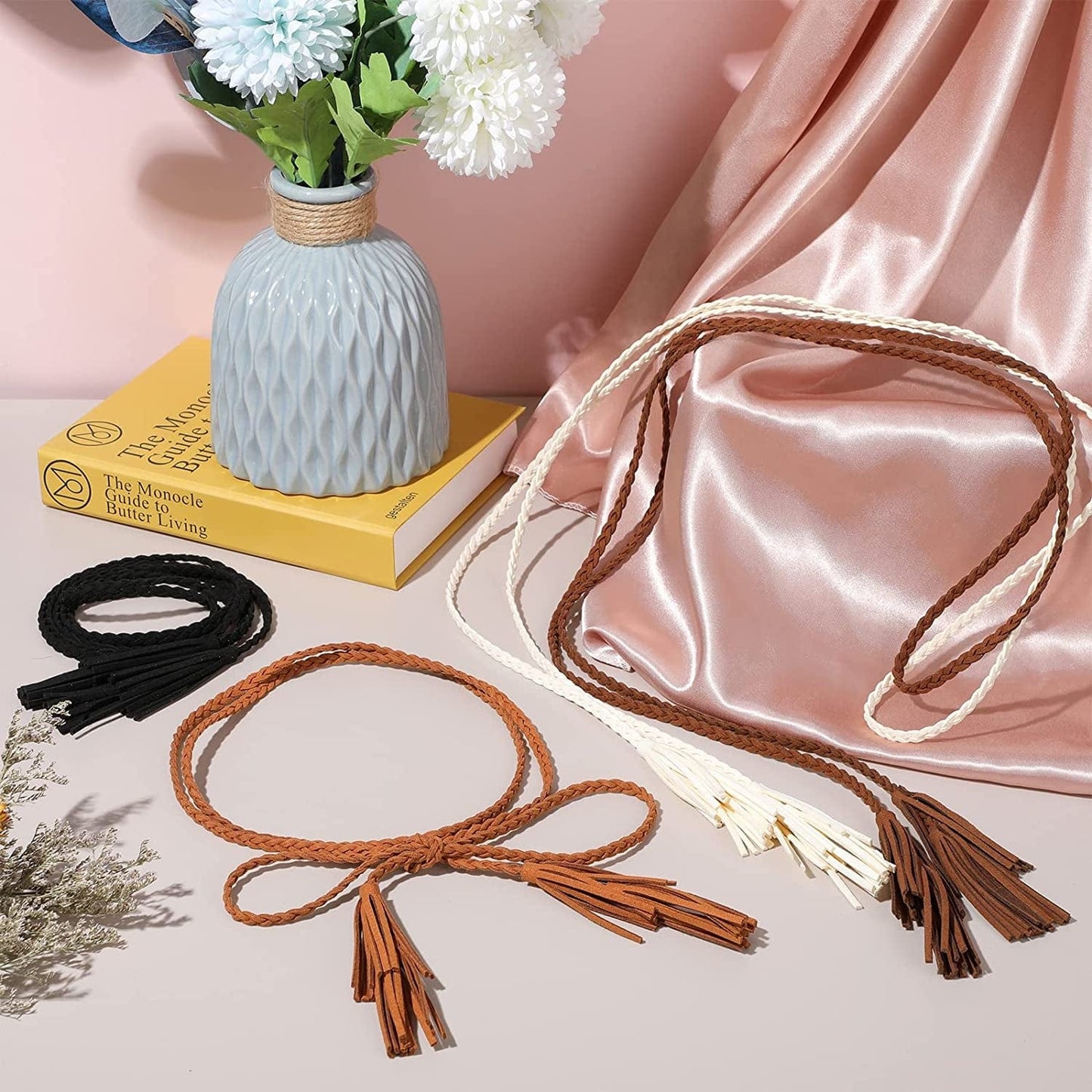 4 Pack Women Braided Belt Skinny Tassel Waist Belt Wrap Belt Woven Waist Rope Belt PU Leather Rope Belt Double Tassels Chain Belt Exotic Knitted Waist Belt for Skirt Dress Apparel & Accessories > Clothing Accessories > Belts Geyoga