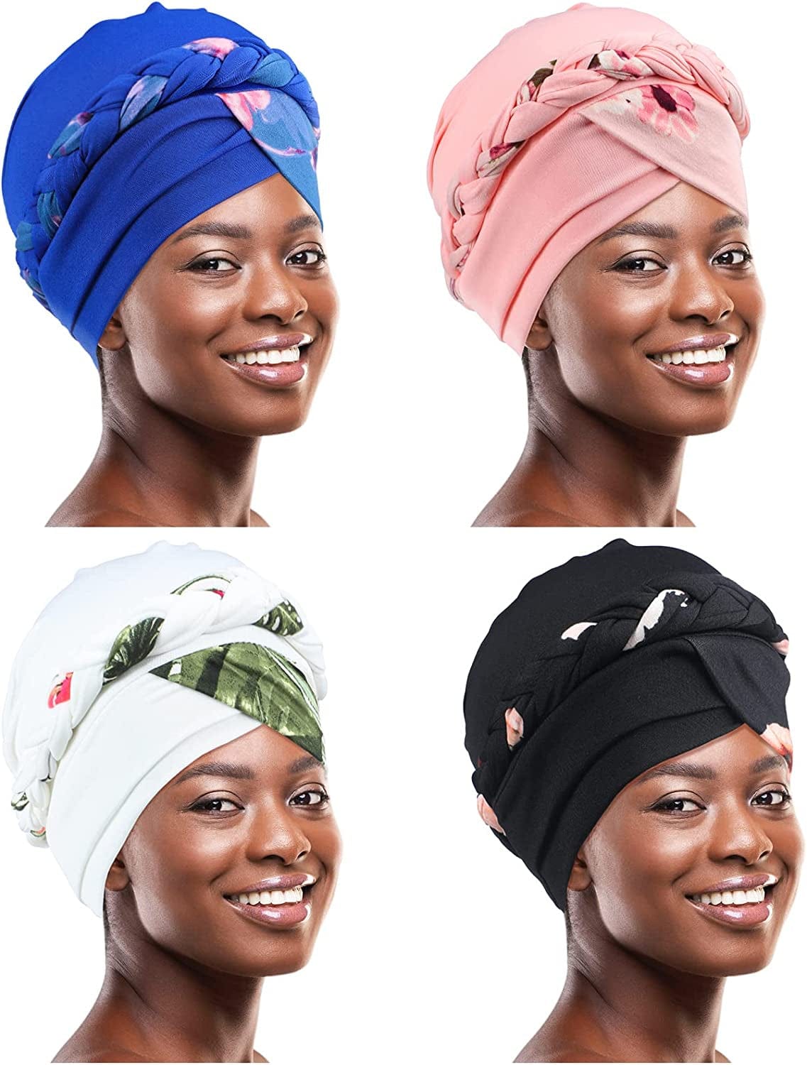 4 Pack Womens Turban Cap Head Wraps Covers Pre Tied Twisted Braid Cancer Beanies Headwear Wrap Scarf for Sleeping Apparel & Accessories > Clothing Accessories > Headwear Hercicy