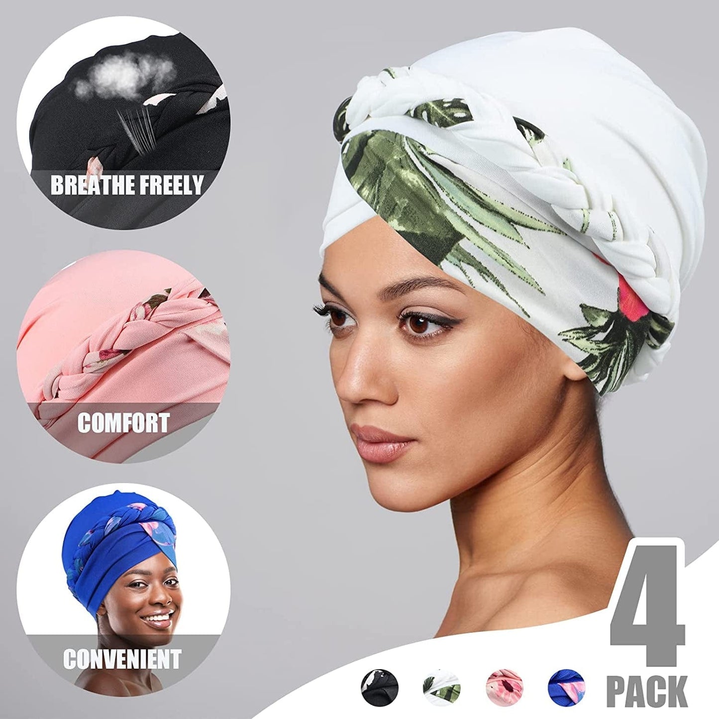 4 Pack Womens Turban Cap Head Wraps Covers Pre Tied Twisted Braid Cancer Beanies Headwear Wrap Scarf for Sleeping Apparel & Accessories > Clothing Accessories > Headwear Hercicy