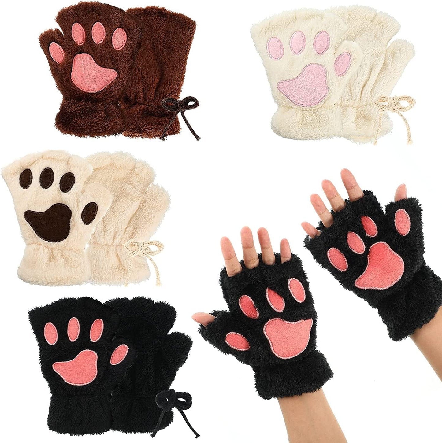 4 Pairs Cat Mittens Gloves Fingerless Cat Paw Mittens Faux Fur Cosplay Bear Kitten Paws Gloves Fluffy Cat Claws Fingerless Mittens for Women Apparel & Accessories > Clothing Accessories > Gloves & Mittens Geyoga