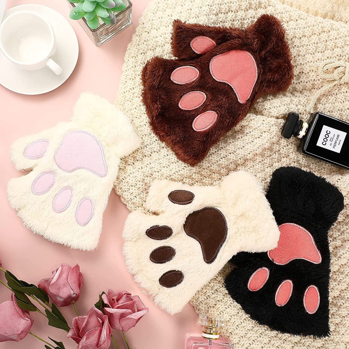 4 Pairs Cat Mittens Gloves Fingerless Cat Paw Mittens Faux Fur Cosplay Bear Kitten Paws Gloves Fluffy Cat Claws Fingerless Mittens for Women Apparel & Accessories > Clothing Accessories > Gloves & Mittens Geyoga