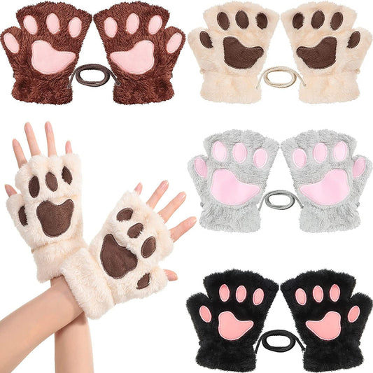 4 Pairs Cat Paw Gloves Fingerless Gloves Mittens Half Finger Paw Gloves Winter Plush Gloves for Kids Adult Cosplay Apparel & Accessories > Clothing Accessories > Gloves & Mittens SATINIOR Black, Beige, Gray and Dark Brown