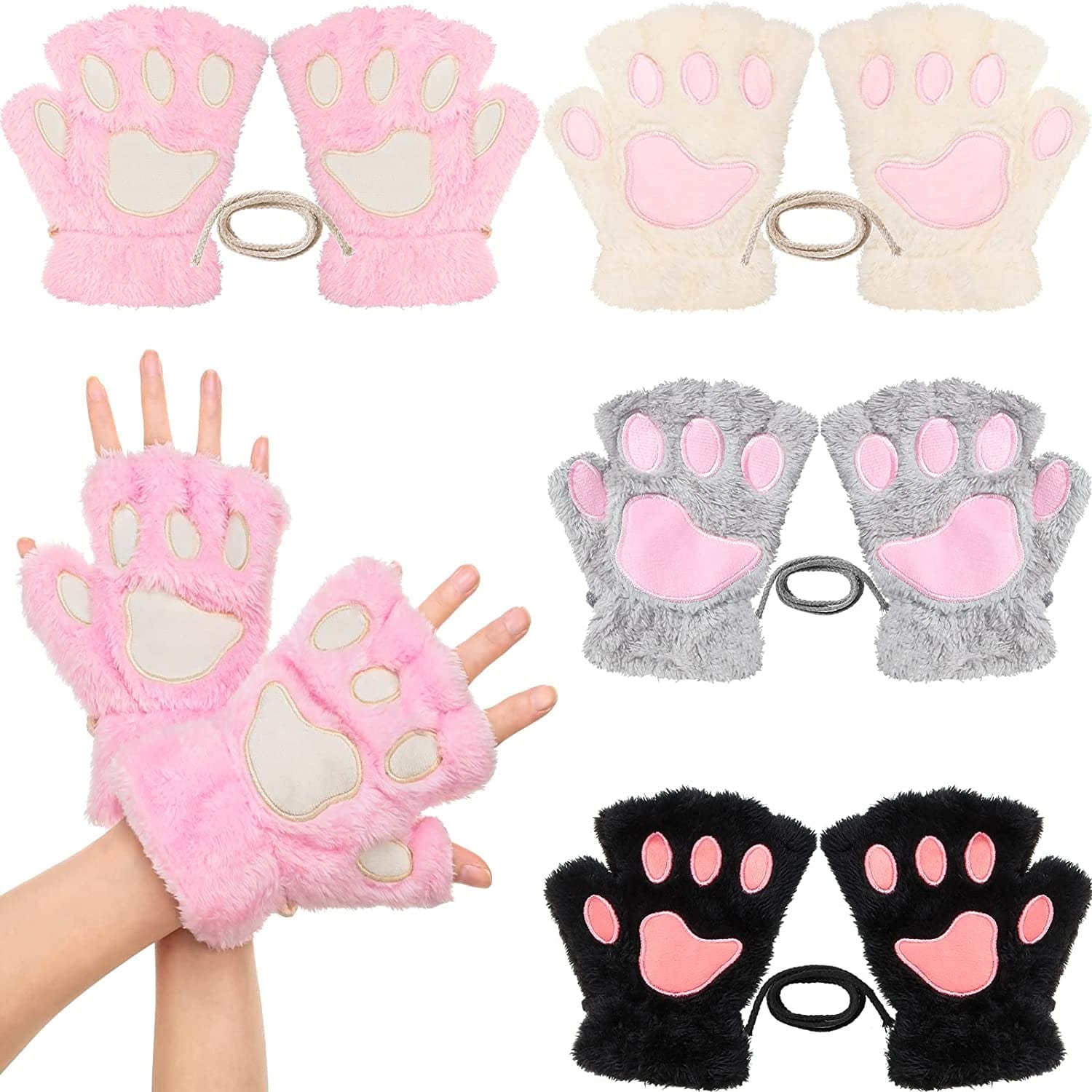 4 Pairs Cat Paw Gloves Fingerless Gloves Mittens Half Finger Paw Gloves Winter Plush Gloves for Kids Adult Cosplay Apparel & Accessories > Clothing Accessories > Gloves & Mittens SATINIOR Natural Colors Set