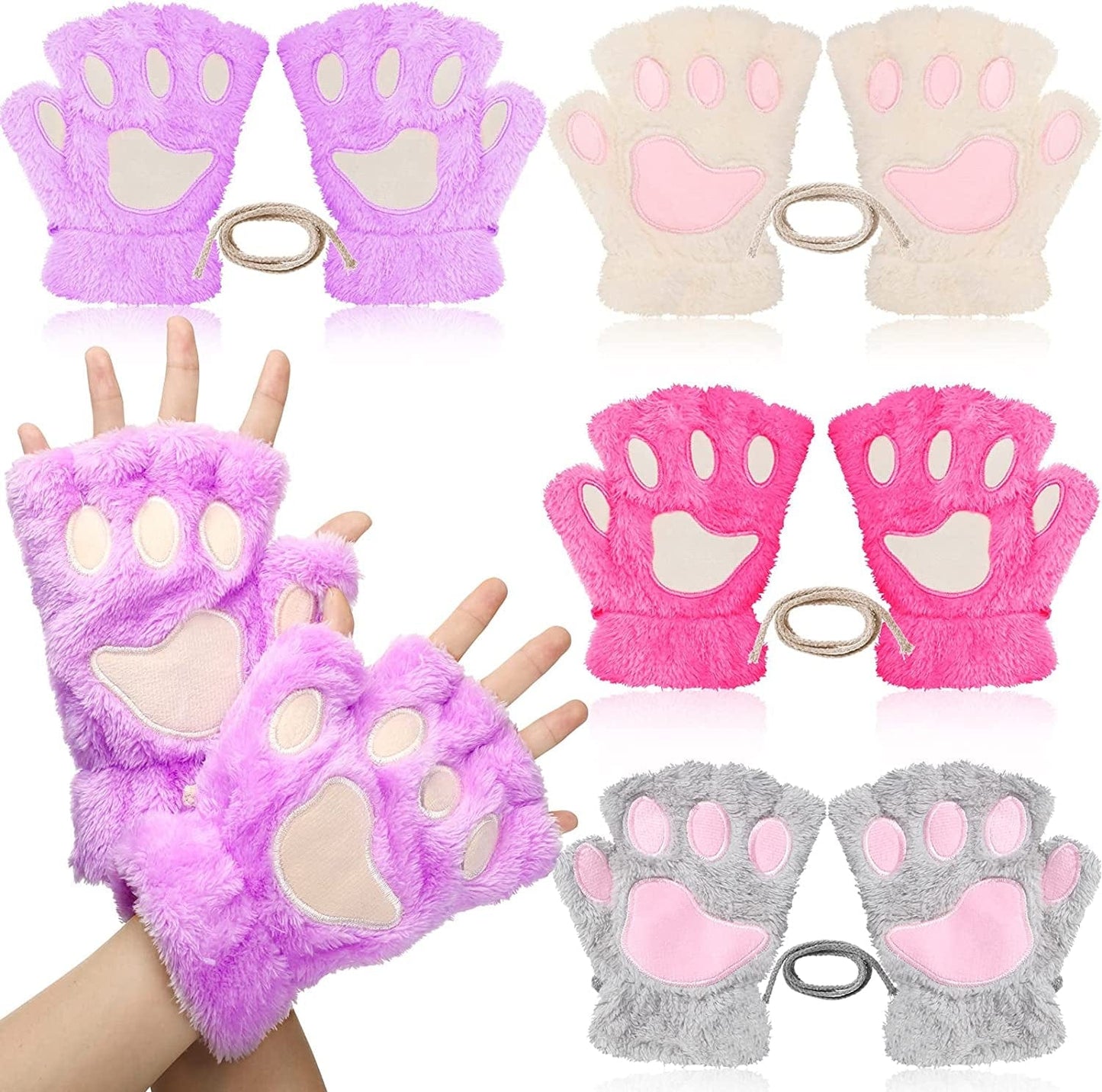 4 Pairs Cat Paw Gloves Fingerless Gloves Mittens Half Finger Paw Gloves Winter Plush Gloves for Kids Adult Cosplay Apparel & Accessories > Clothing Accessories > Gloves & Mittens SATINIOR Classic Colors Set