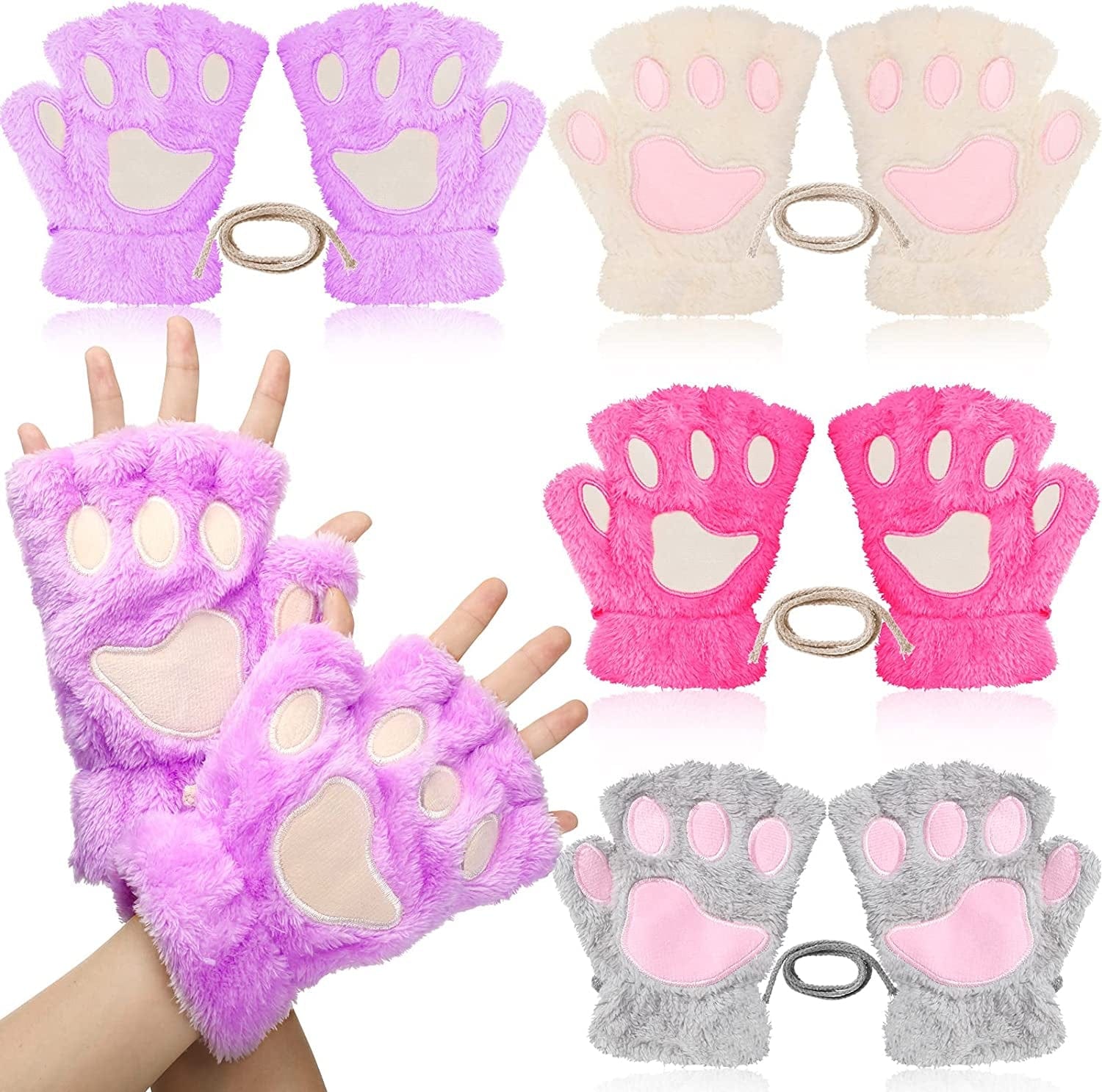 4 Pairs Cat Paw Gloves Fingerless Gloves Mittens Half Finger Paw Gloves Winter Plush Gloves for Kids Adult Cosplay Apparel & Accessories > Clothing Accessories > Gloves & Mittens SATINIOR Classic Colors Set