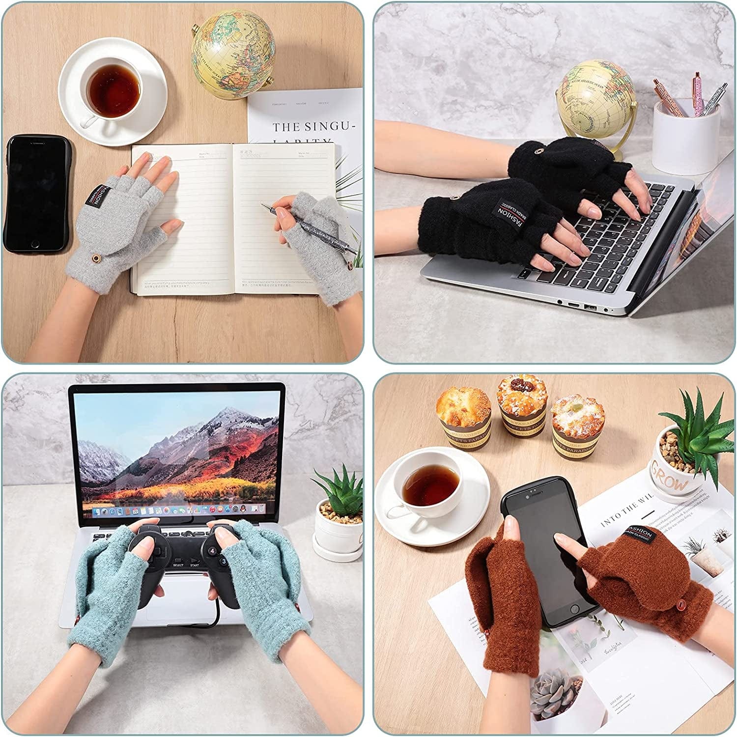 4 Pairs Fingerless Gloves Winter Knitted Mittens with Cover Convertible Mittens for Women Men Cold Weather Apparel & Accessories > Clothing Accessories > Gloves & Mittens SATINIOR