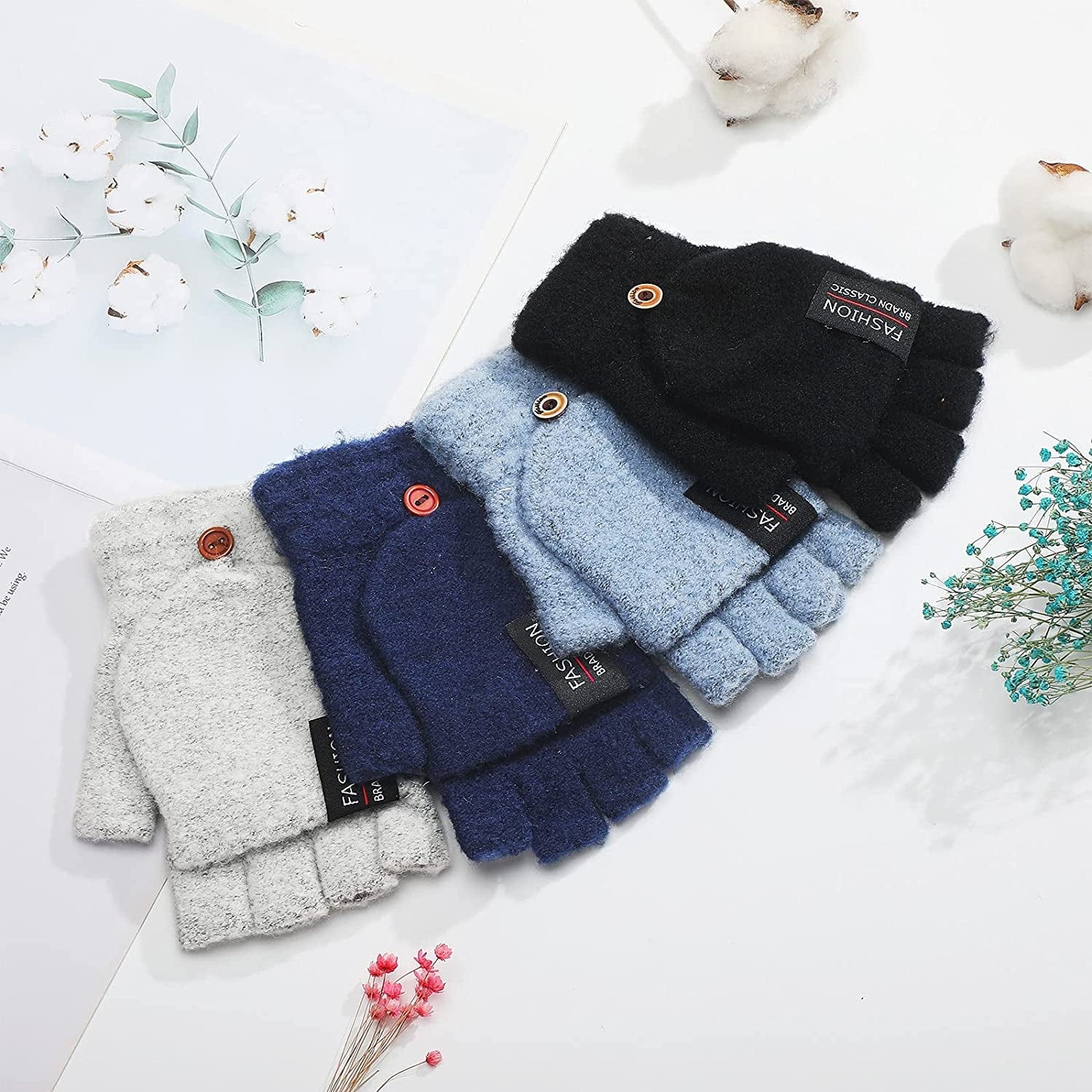 4 Pairs Fingerless Gloves with Cover Convertible Mittens Knitted Gloves for Women Men Apparel & Accessories > Clothing Accessories > Gloves & Mittens SATINIOR