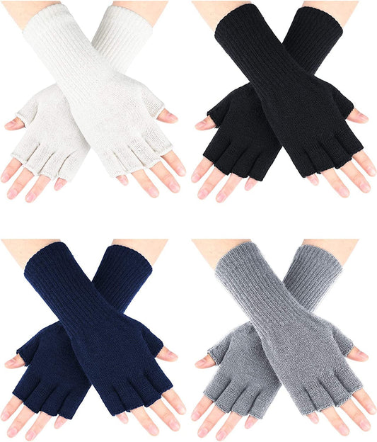 4 Pairs Kids Long Half Fingerless Gloves Knitted Arm Warmers Winter Long Half Stretchy Finger Mittens for Kids Boys and Girls Apparel & Accessories > Clothing Accessories > Gloves & Mittens SATINIOR Black+white+gray+navy Blue for 6-10 Years Old