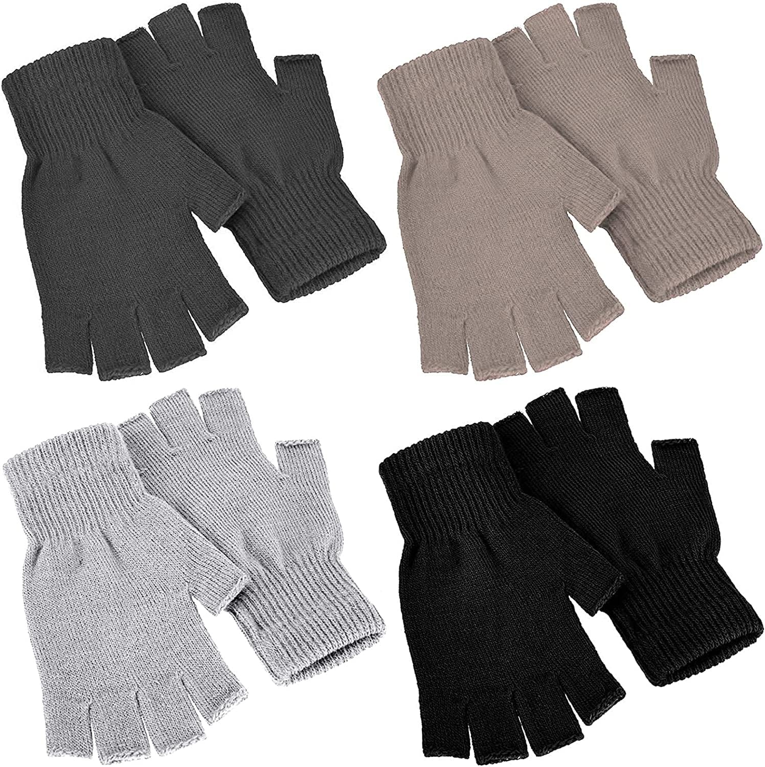4 Pairs Winter Half Finger Gloves Knitted Fingerless Mittens Warm Stretchy Gloves for Men and Women Apparel & Accessories > Clothing Accessories > Gloves & Mittens SATINIOR Black, Dark Gray, Khaki, Light Gray