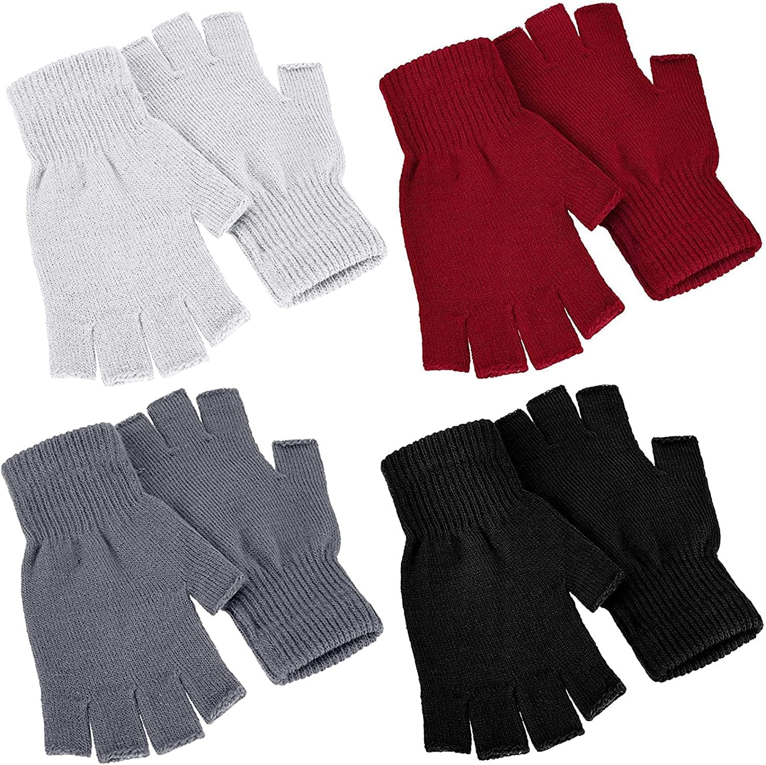 4 Pairs Winter Half Finger Gloves Knitted Fingerless Mittens Warm Stretchy Gloves for Men and Women Apparel & Accessories > Clothing Accessories > Gloves & Mittens SATINIOR Black, Red, White, Dark Grey