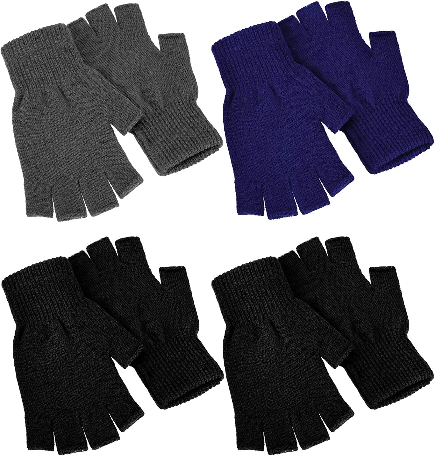 4 Pairs Winter Half Finger Gloves Knitted Fingerless Mittens Warm Stretchy Gloves for Men and Women Apparel & Accessories > Clothing Accessories > Gloves & Mittens SATINIOR Black, Grey, Blue