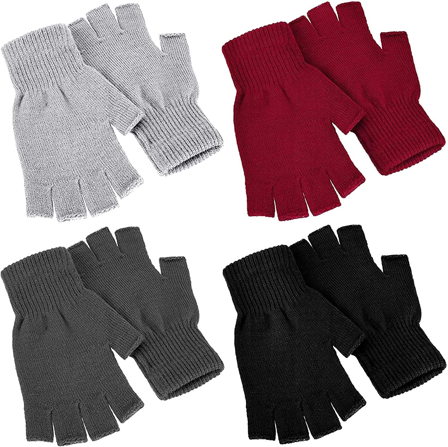 4 Pairs Winter Half Finger Gloves Knitted Fingerless Mittens Warm Stretchy Gloves for Men and Women Apparel & Accessories > Clothing Accessories > Gloves & Mittens SATINIOR Black, Red, Dark Gray, Light Gray