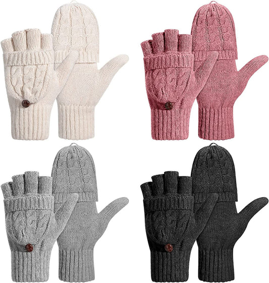 4 Pairs Women Winter Convertible Gloves Fingerless Mittens Warm Knit Flip Wool Gloves Knitted Half Finger Gloves with Cover Apparel & Accessories > Clothing Accessories > Gloves & Mittens Tarpop Gray, Beige, Pink, Black