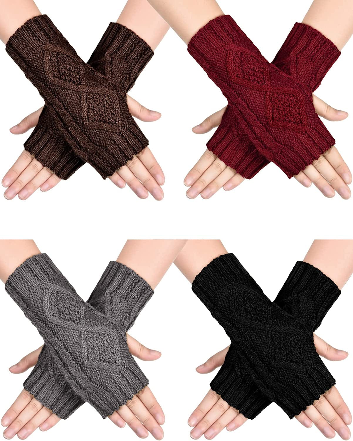 4 Pairs Women Winter Warm Knit Fingerless Gloves Thumbhole Arm Warmers Mittens Apparel & Accessories > Clothing Accessories > Gloves & Mittens SATINIOR Black, Dark Grey 4