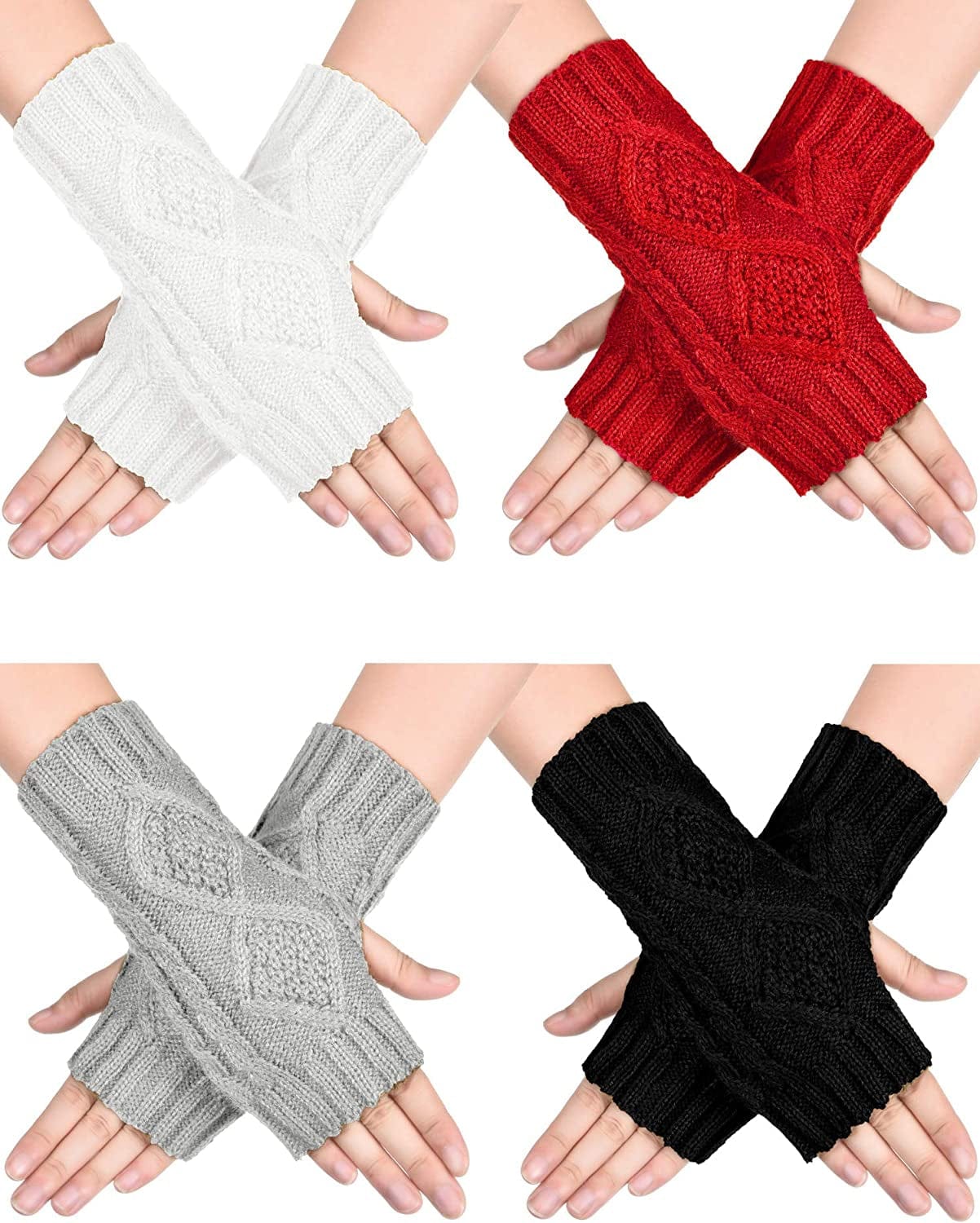 4 Pairs Women Winter Warm Knit Fingerless Gloves Thumbhole Arm Warmers Mittens Apparel & Accessories > Clothing Accessories > Gloves & Mittens SATINIOR Black, Red, White, Light Grey 4