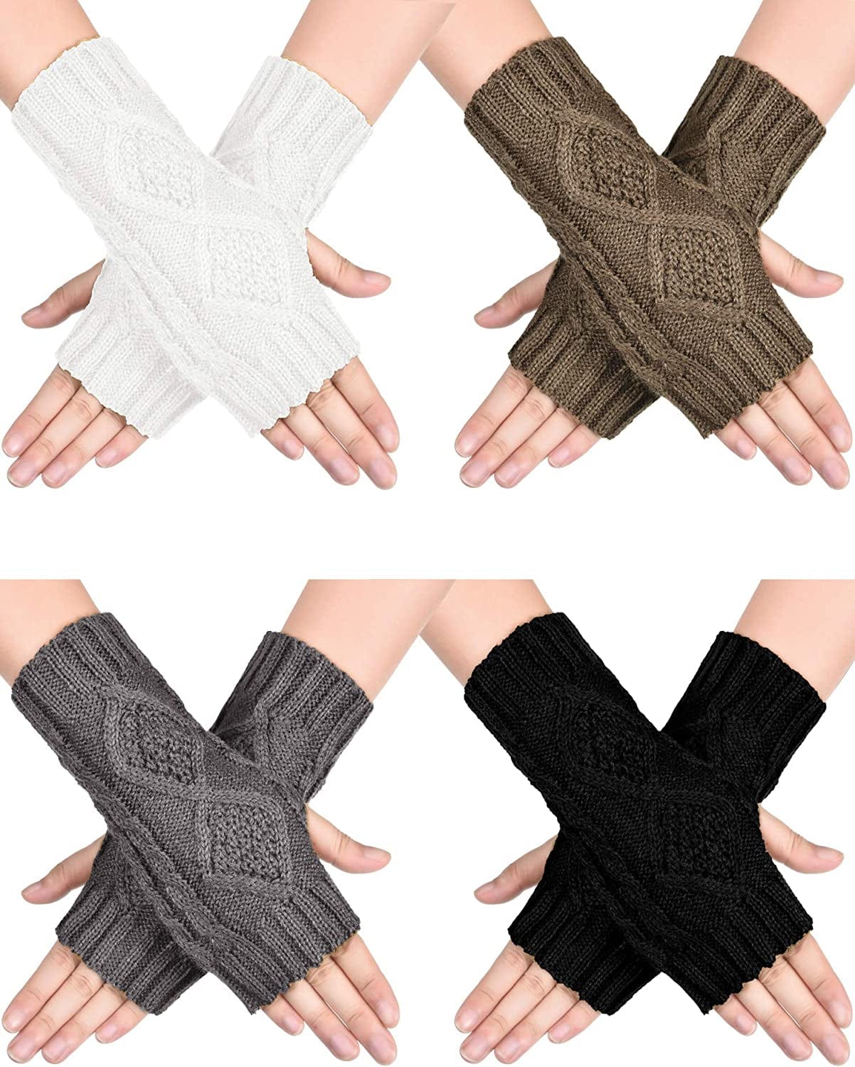 4 Pairs Women Winter Warm Knit Fingerless Gloves Thumbhole Arm Warmers Mittens Apparel & Accessories > Clothing Accessories > Gloves & Mittens SATINIOR Black, White, Dark Grey, Khaki 4