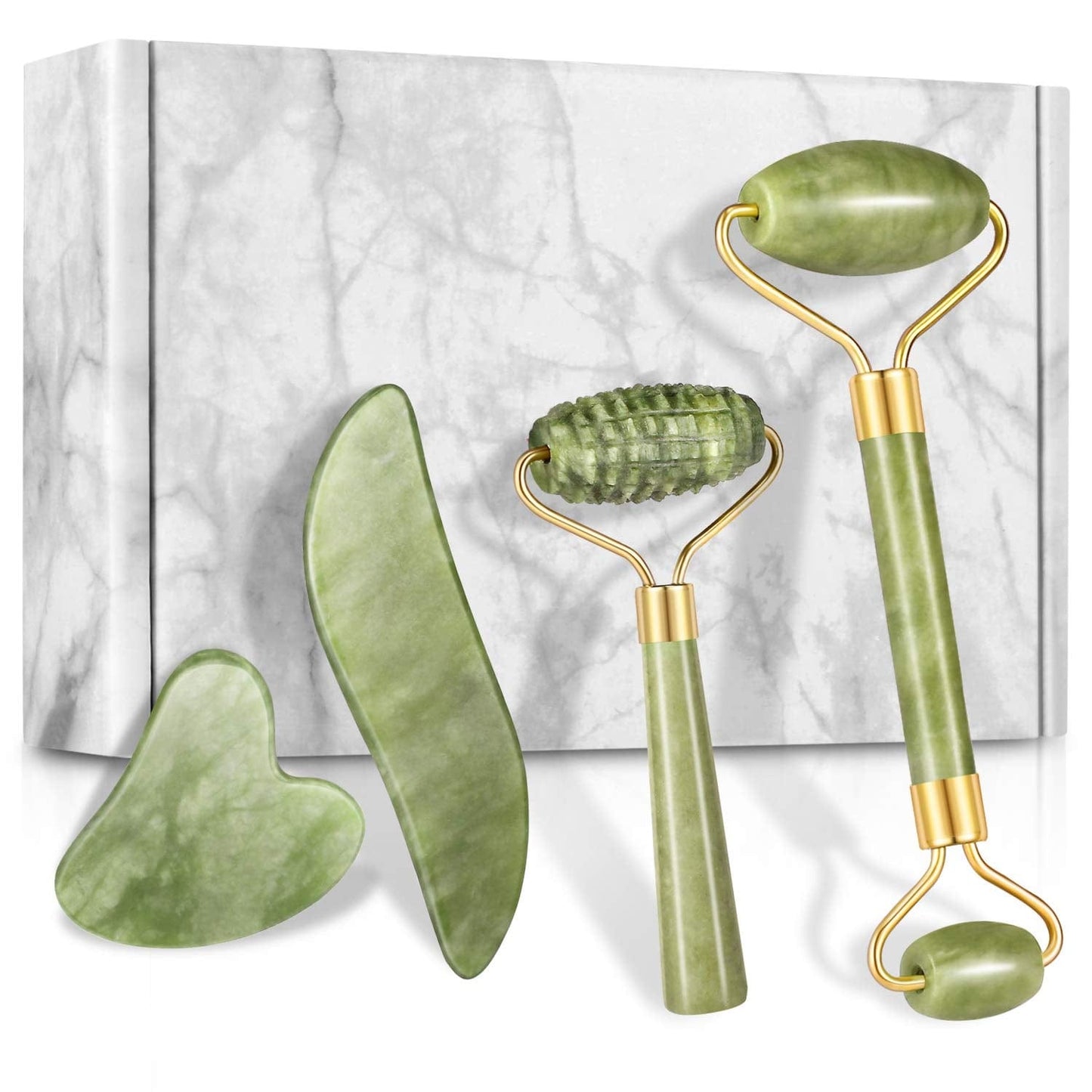 4-Pcs Jade Roller & Gua Sha Set, Facial Roller Massager with Gua Sha Scraping Tool, Jade Stone Massager for Anti-Aging, Slimming & Firming, Rejuvenate Face and Neck, Remove Wrinkles & Eye Puffiness Health & Beauty > Personal Care > Cosmetics > Cosmetic Tools > Skin Care Tools Charmonic 4 Pcs-Green