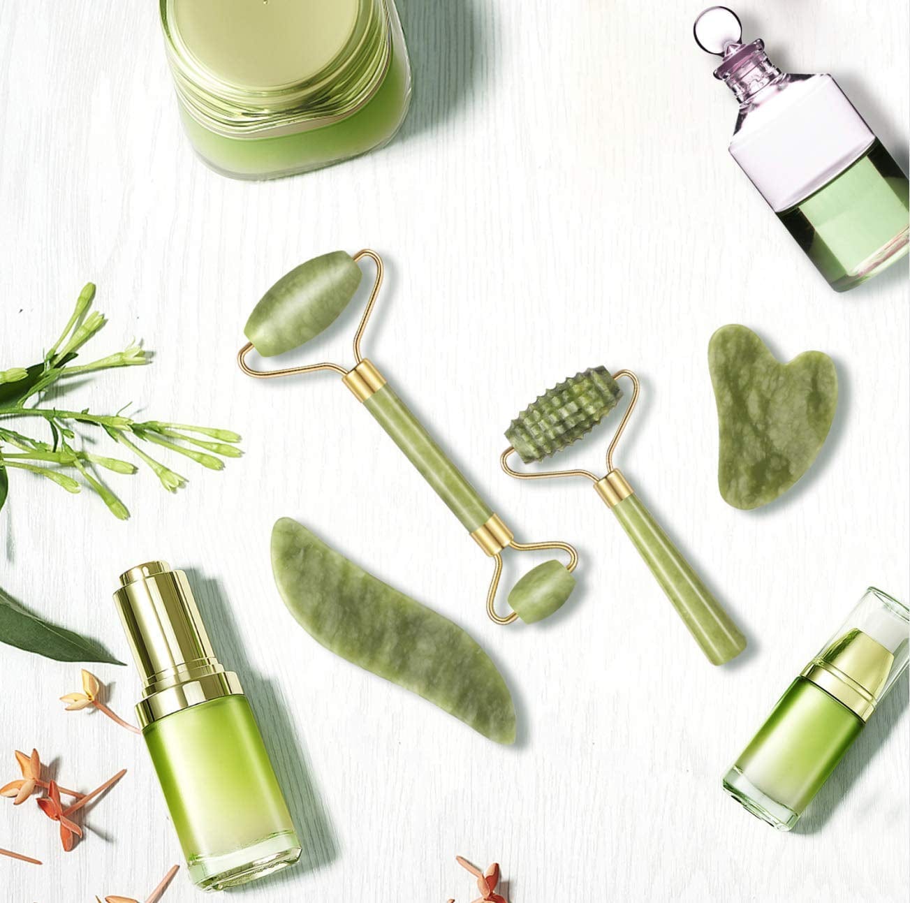 4-Pcs Jade Roller & Gua Sha Set, Facial Roller Massager with Gua Sha Scraping Tool, Jade Stone Massager for Anti-Aging, Slimming & Firming, Rejuvenate Face and Neck, Remove Wrinkles & Eye Puffiness Health & Beauty > Personal Care > Cosmetics > Cosmetic Tools > Skin Care Tools Charmonic