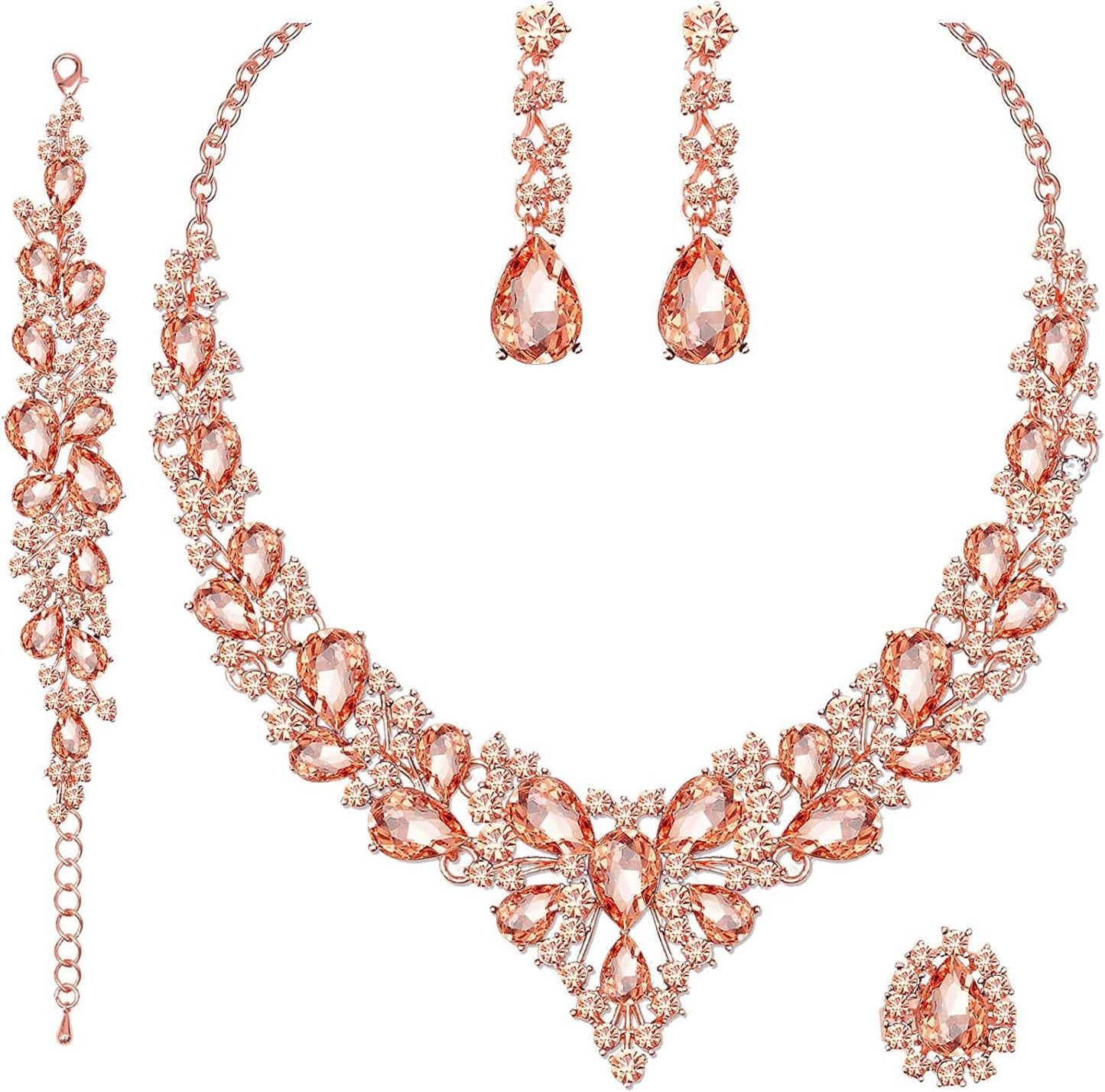 4 Pcs/Set Austrian Crystal Necklace Earrings Bracelet Ring Bridal Jewelry Sets for Brides Wedding Party Costume Accessories Gifts for Women 02-rose gold-peach
