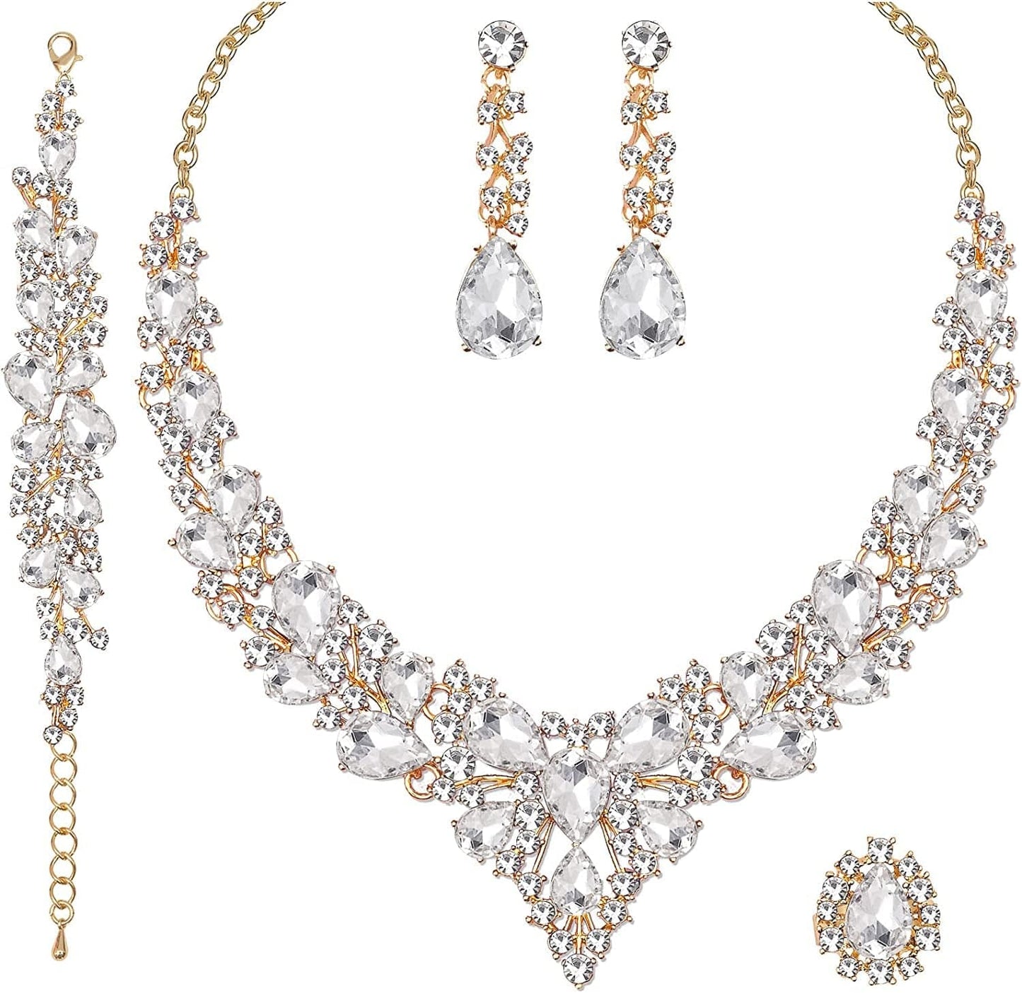4 Pcs/Set Austrian Crystal Necklace Earrings Bracelet Ring Bridal Jewelry Sets for Brides Wedding Party Costume Accessories Gifts for Women 02-gold plated-white