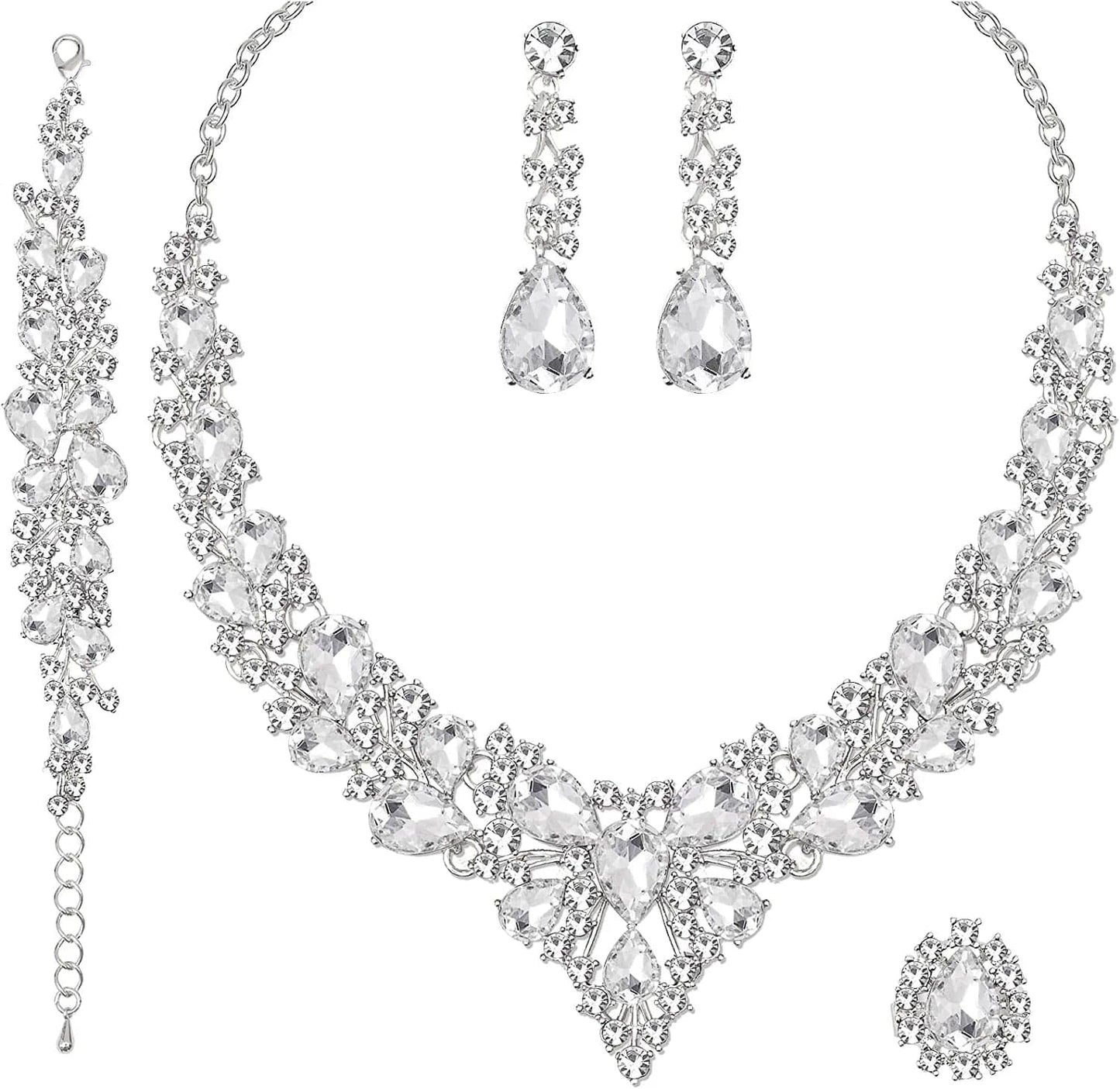 4 Pcs/Set Austrian Crystal Necklace Earrings Bracelet Ring Bridal Jewelry Sets for Brides Wedding Party Costume Accessories Gifts for Women 02-white gold-white
