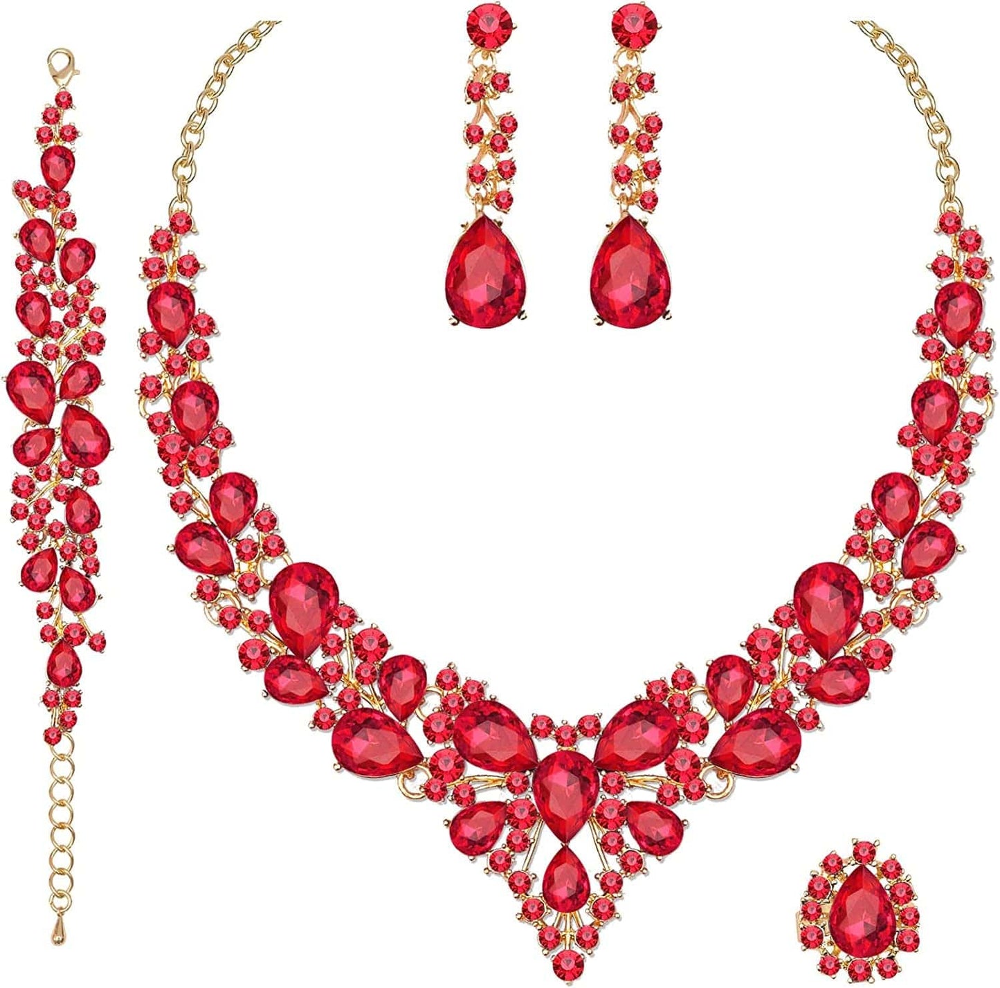 4 Pcs/Set Austrian Crystal Necklace Earrings Bracelet Ring Bridal Jewelry Sets for Brides Wedding Party Costume Accessories Gifts for Women 02-gold plated-red