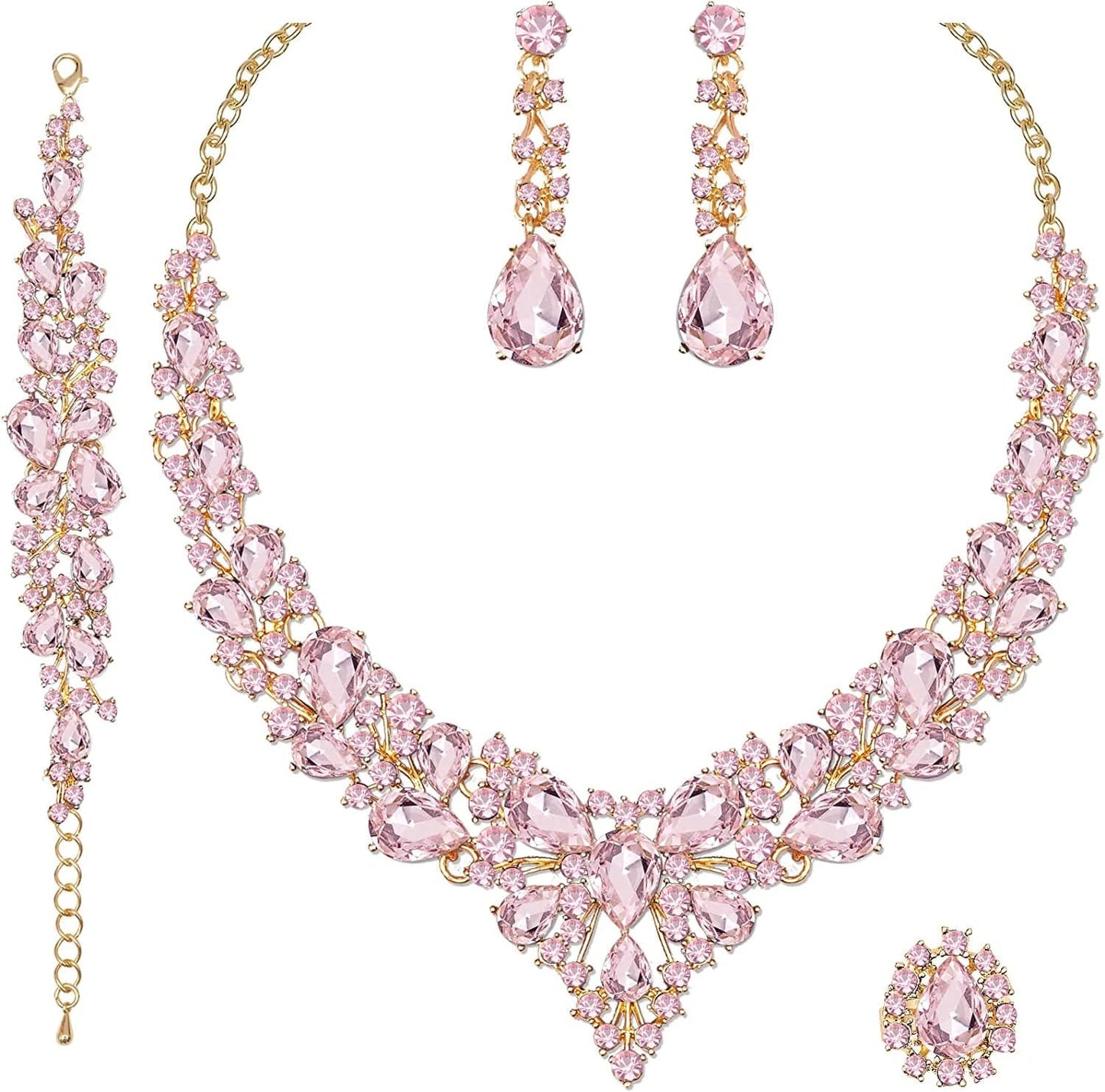 4 Pcs/Set Austrian Crystal Necklace Earrings Bracelet Ring Bridal Jewelry Sets for Brides Wedding Party Costume Accessories Gifts for Women 02-gold plated-pink