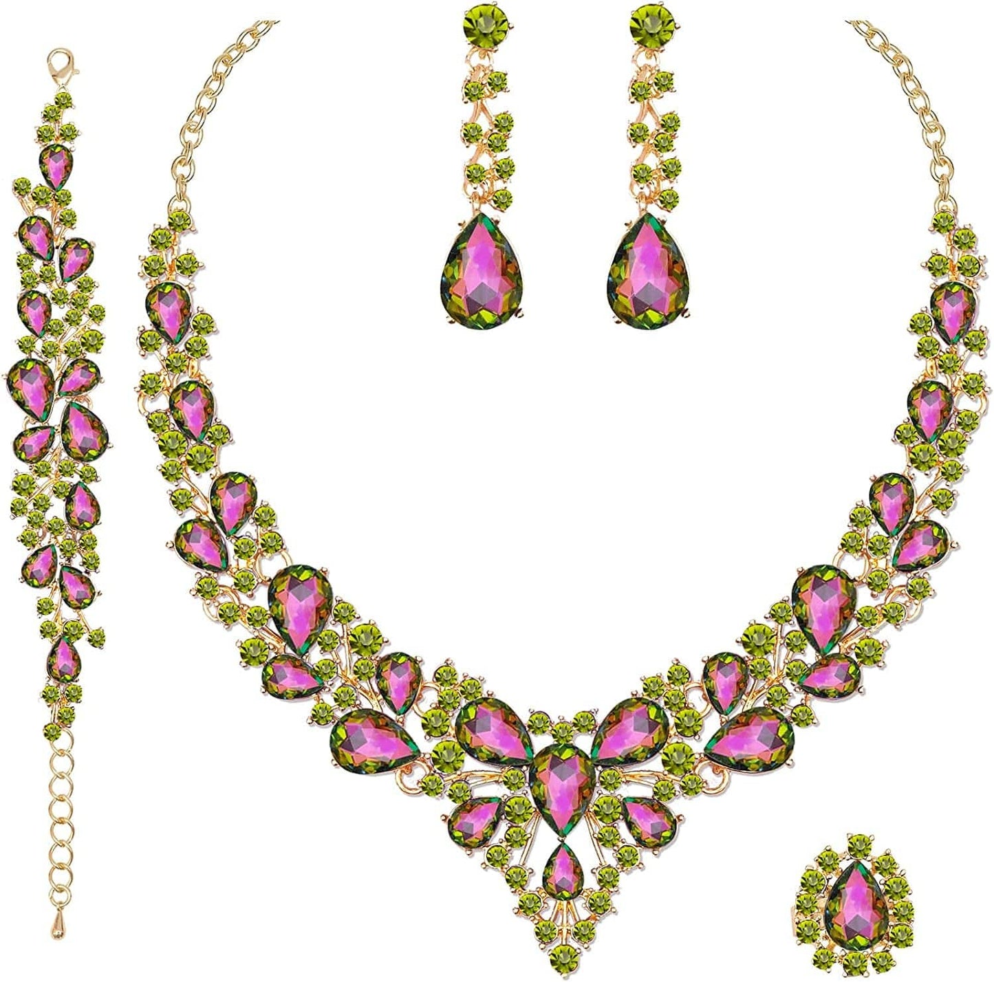 4 Pcs/Set Austrian Crystal Necklace Earrings Bracelet Ring Bridal Jewelry Sets for Brides Wedding Party Costume Accessories Gifts for Women Rainbow color