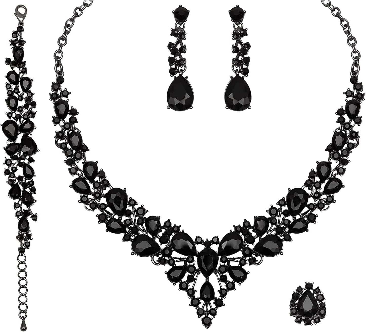 4 Pcs/Set Austrian Crystal Necklace Earrings Bracelet Ring Bridal Jewelry Sets for Brides Wedding Party Costume Accessories Gifts for Women 02-black