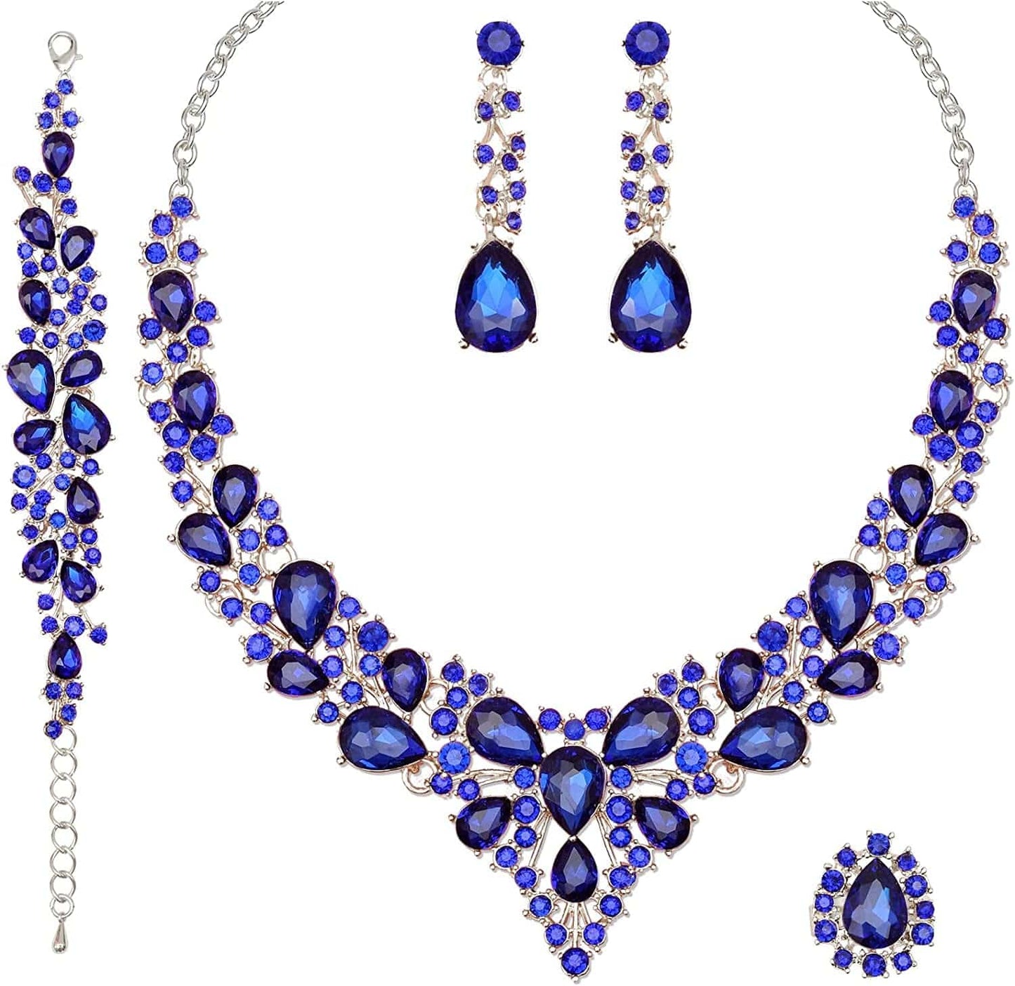 4 Pcs/Set Austrian Crystal Necklace Earrings Bracelet Ring Bridal Jewelry Sets for Brides Wedding Party Costume Accessories Gifts for Women white gold plated-royal blue