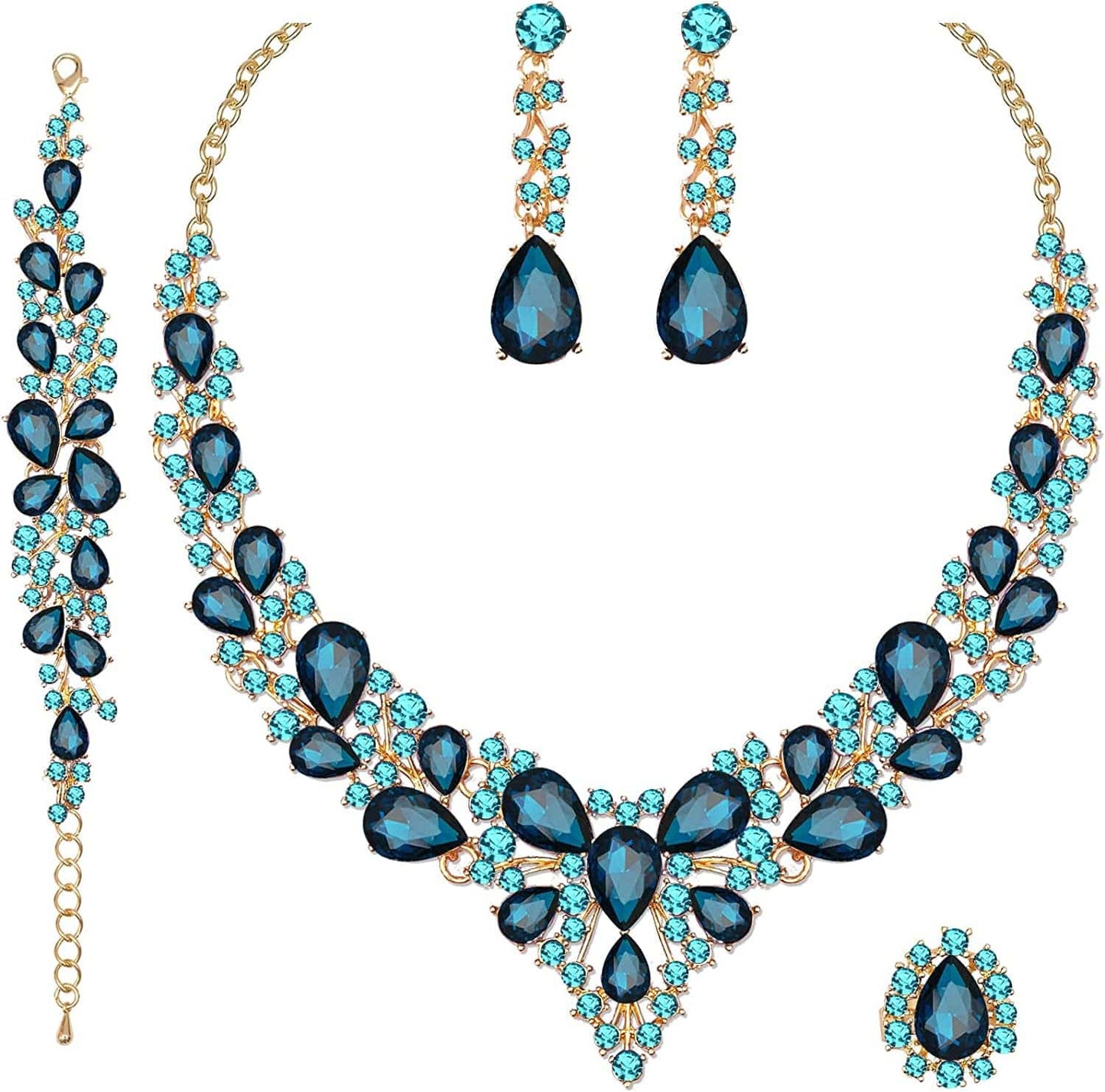 4 Pcs/Set Austrian Crystal Necklace Earrings Bracelet Ring Bridal Jewelry Sets for Brides Wedding Party Costume Accessories Gifts for Women 02-gold plated-aquamarine