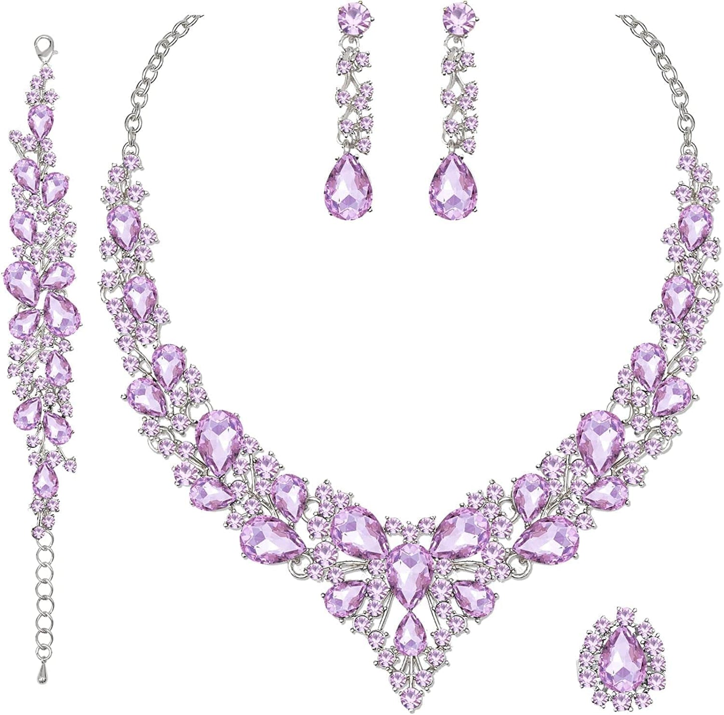 4 Pcs/Set Austrian Crystal Necklace Earrings Bracelet Ring Bridal Jewelry Sets for Brides Wedding Party Costume Accessories Gifts for Women white gold plated-violet