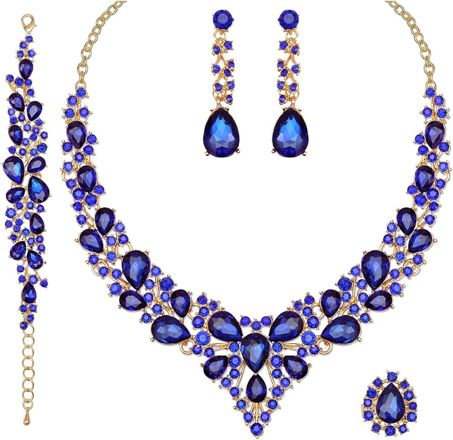 4 Pcs/Set Austrian Crystal Necklace Earrings Bracelet Ring Bridal Jewelry Sets for Brides Wedding Party Costume Accessories Gifts for Women 02-gold plated-royal blue