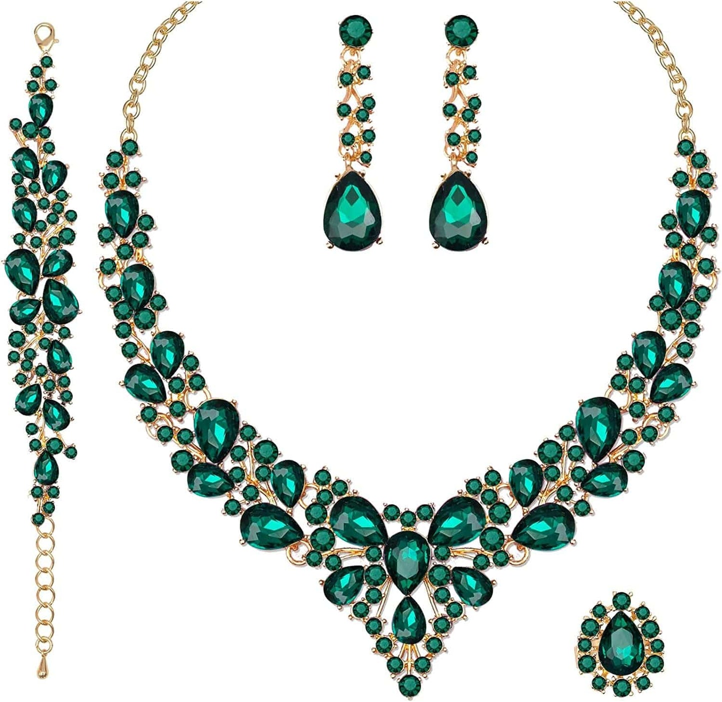 4 Pcs/Set Austrian Crystal Necklace Earrings Bracelet Ring Bridal Jewelry Sets for Brides Wedding Party Costume Accessories Gifts for Women 02-gold plated-green