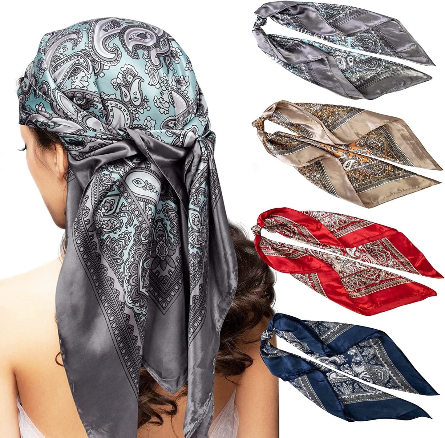4 Pcs Silk Feeling Head Scarf for Women, 35 X 35 Inches Silky Satin Neck Head Hair Scarf for Women Fashion Gifts Apparel & Accessories > Clothing Accessories > Bandanas & Headties Chalier Fashion Pea Green