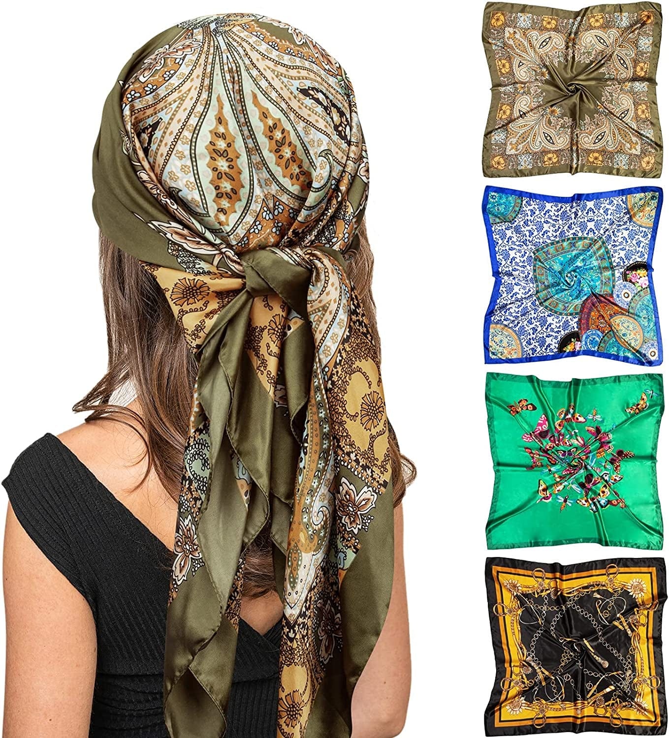 4 Pcs Silk Feeling Head Scarf for Women, 35 X 35 Inches Silky Satin Neck Head Hair Scarf for Women Fashion Gifts Apparel & Accessories > Clothing Accessories > Bandanas & Headties Chalier Fashion Forest Green