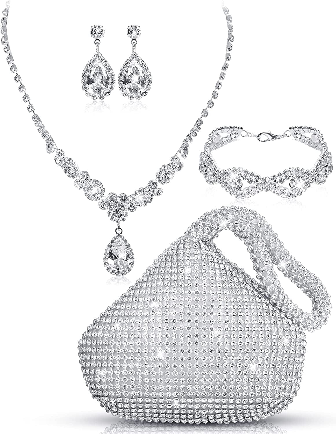 4 Pcs Silver Purse Jewelry Set for Women Rhinestone Wedding Bride Jewelry Prom Evening Party Accessories Silver Clutch Purse Modern Style