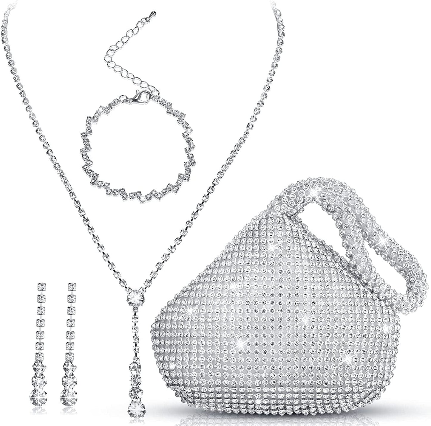 4 Pcs Silver Purse Jewelry Set for Women Rhinestone Wedding Bride Jewelry Prom Evening Party Accessories Silver Clutch Purse Stylish Style