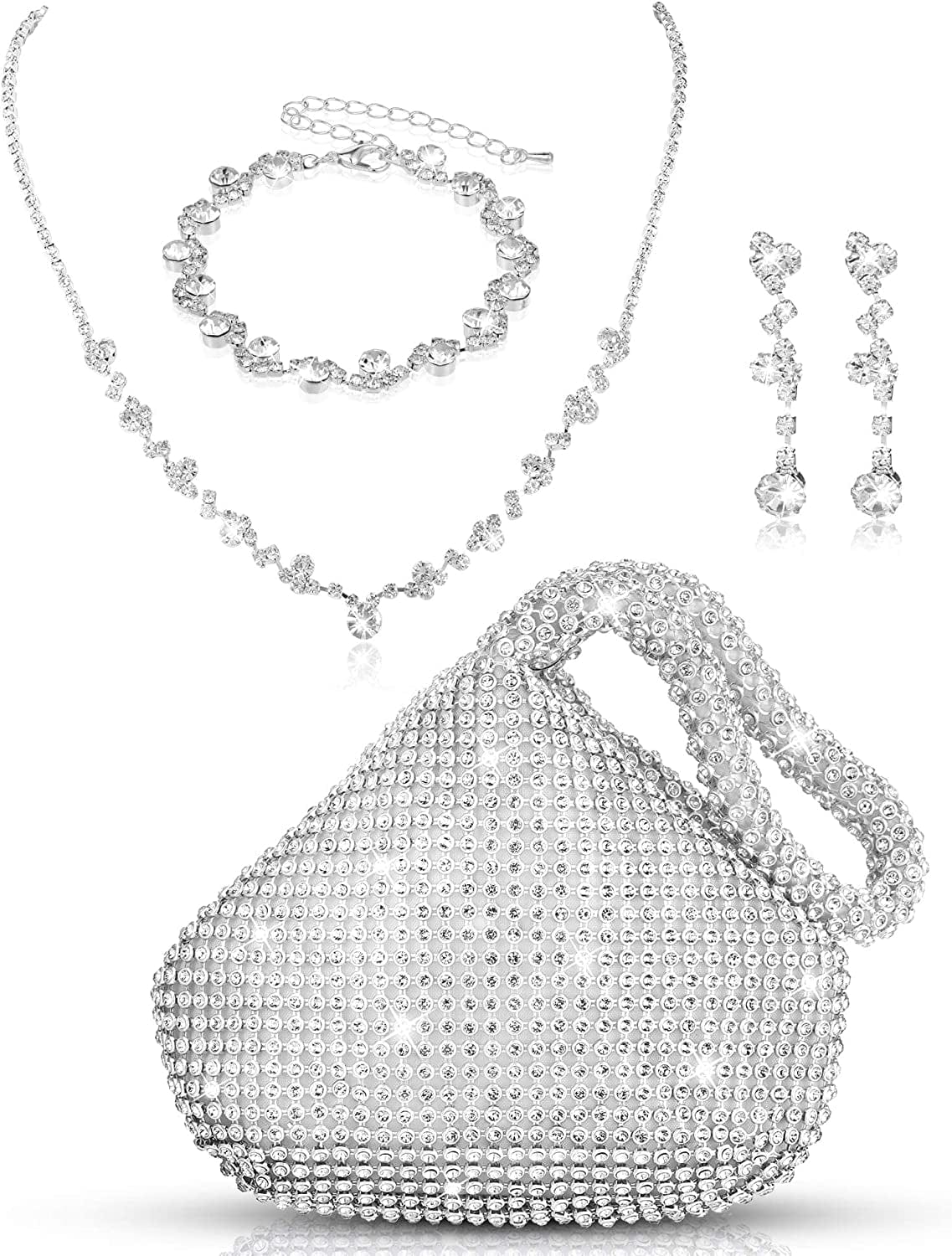 4 Pcs Silver Purse Jewelry Set for Women Rhinestone Wedding Bride Jewelry Prom Evening Party Accessories Silver Clutch Purse Charming Style