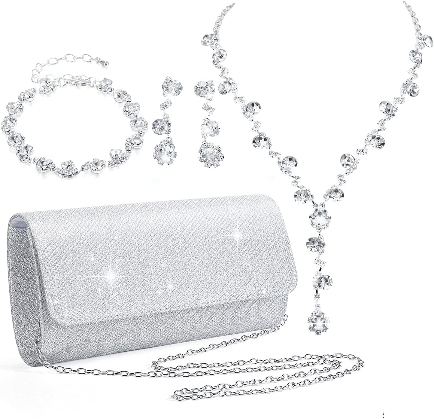 4 Pcs Silver Purse Jewelry Set for Women Rhinestone Wedding Bride Jewelry Prom Evening Party Accessories Silver Clutch Purse Elegant Style
