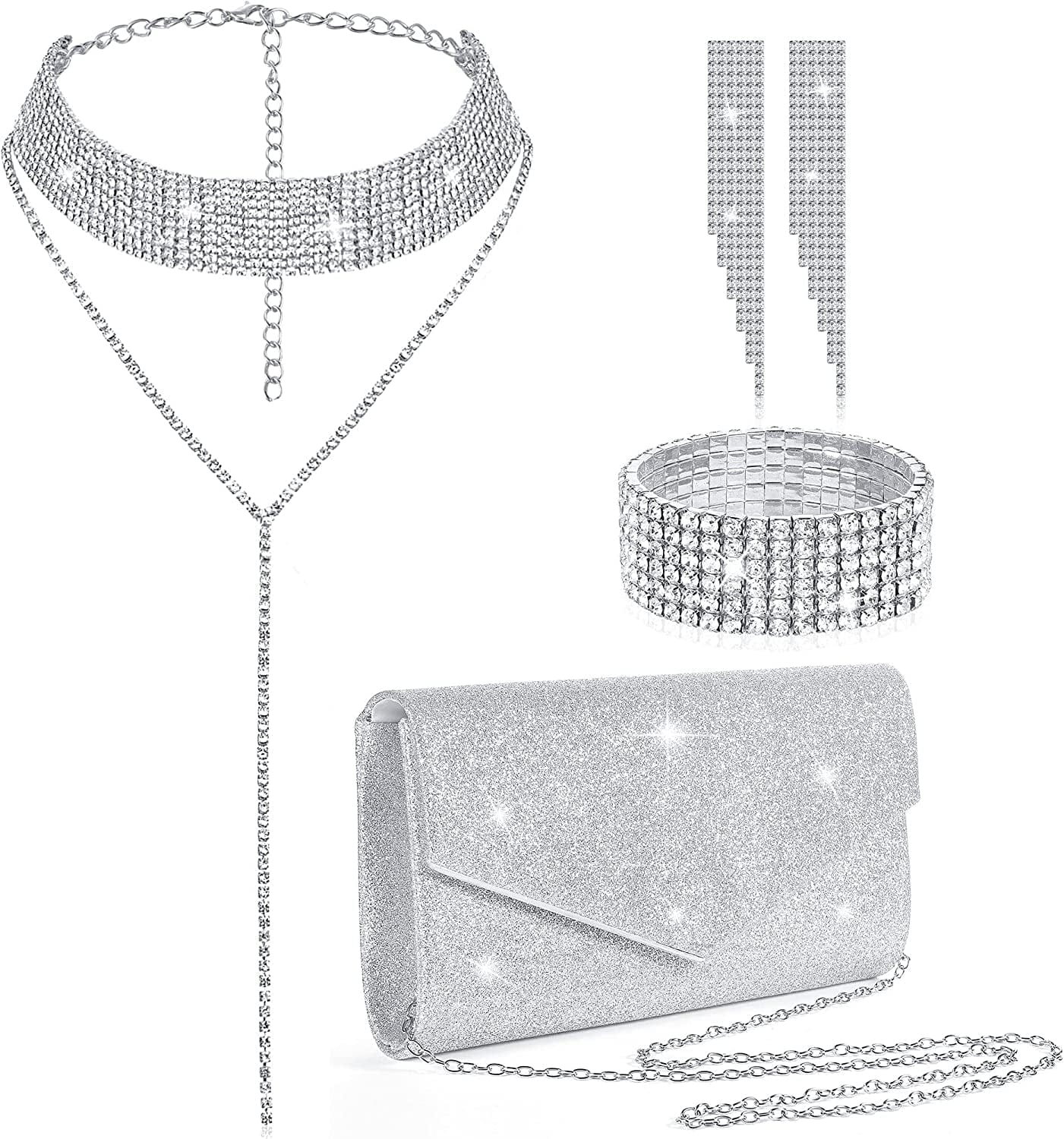 4 Pcs Silver Purse Jewelry Set for Women Rhinestone Wedding Bride Jewelry Prom Evening Party Accessories Silver Clutch Purse Glitter Style