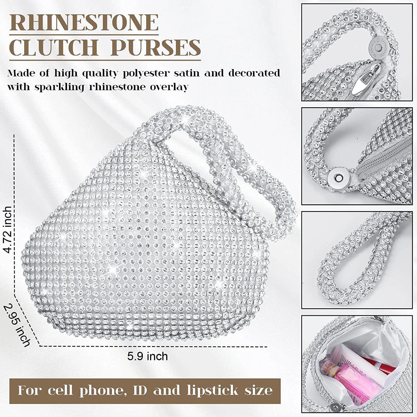4 Pcs Silver Purse Jewelry Set for Women Rhinestone Wedding Bride Jewelry Prom Evening Party Accessories Silver Clutch Purse