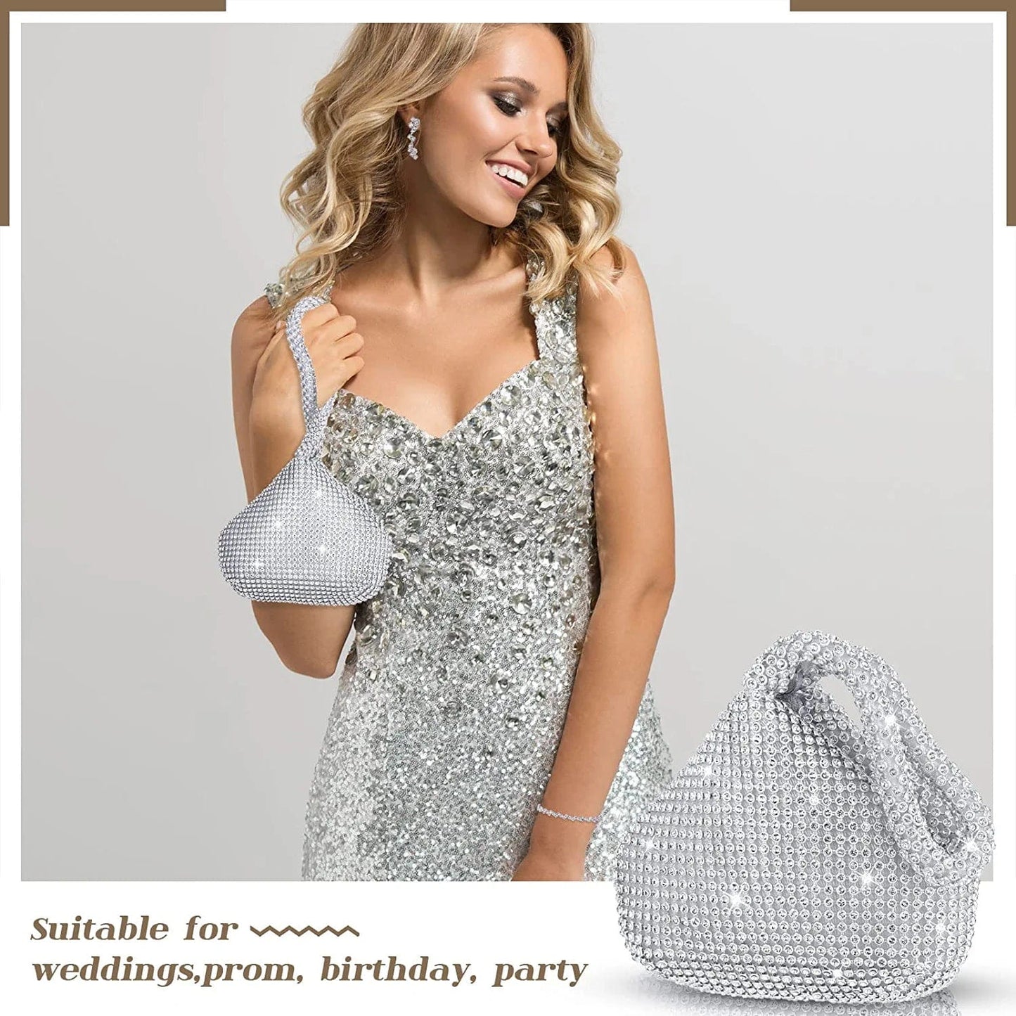 4 Pcs Silver Purse Jewelry Set for Women Rhinestone Wedding Bride Jewelry Prom Evening Party Accessories Silver Clutch Purse