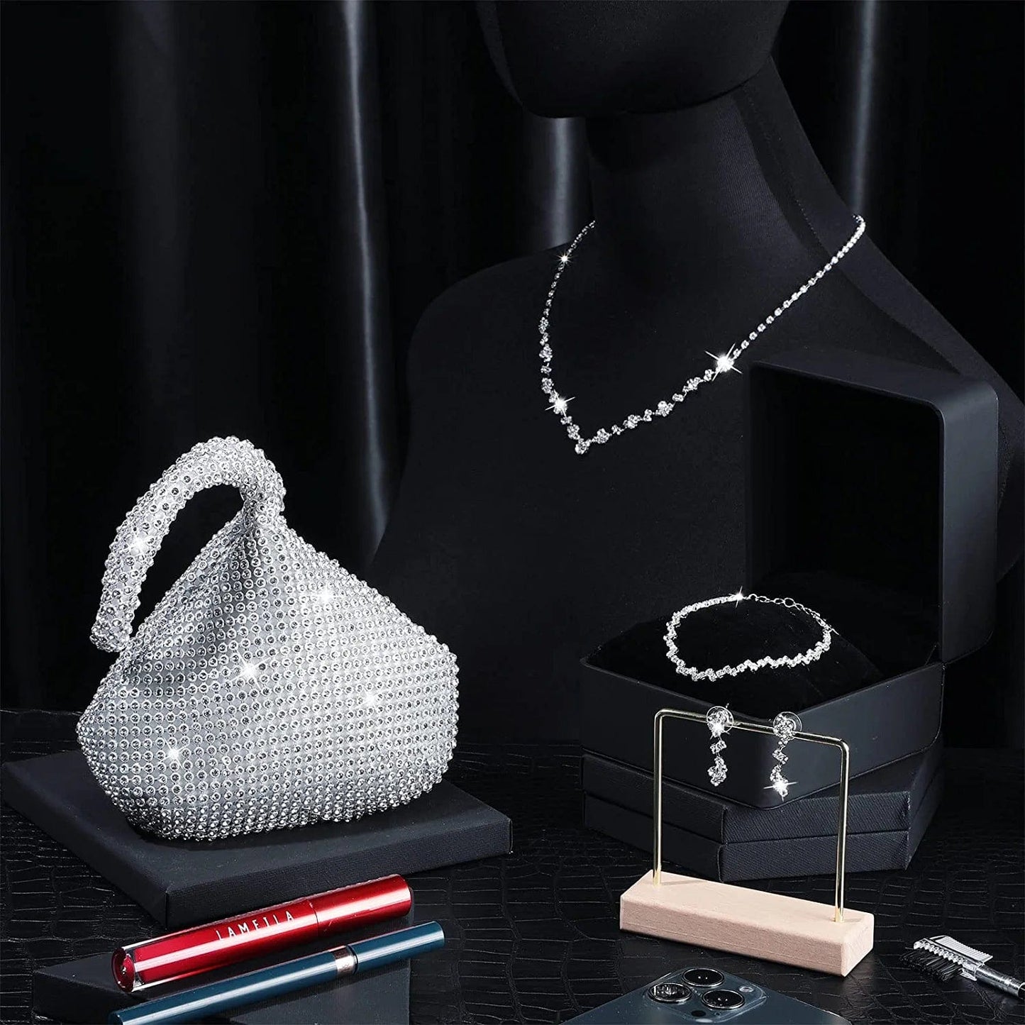 4 Pcs Silver Purse Jewelry Set for Women Rhinestone Wedding Bride Jewelry Prom Evening Party Accessories Silver Clutch Purse