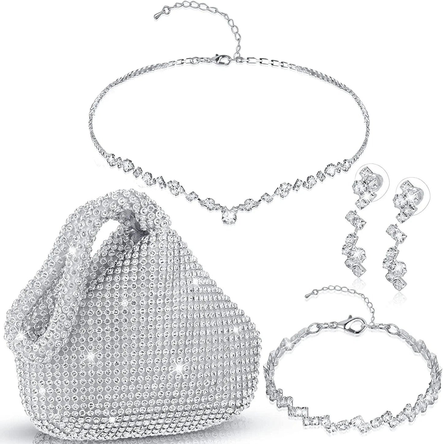 4 Pcs Silver Purse Jewelry Set for Women Rhinestone Wedding Bride Jewelry Prom Evening Party Accessories Silver Clutch Purse Cute Style