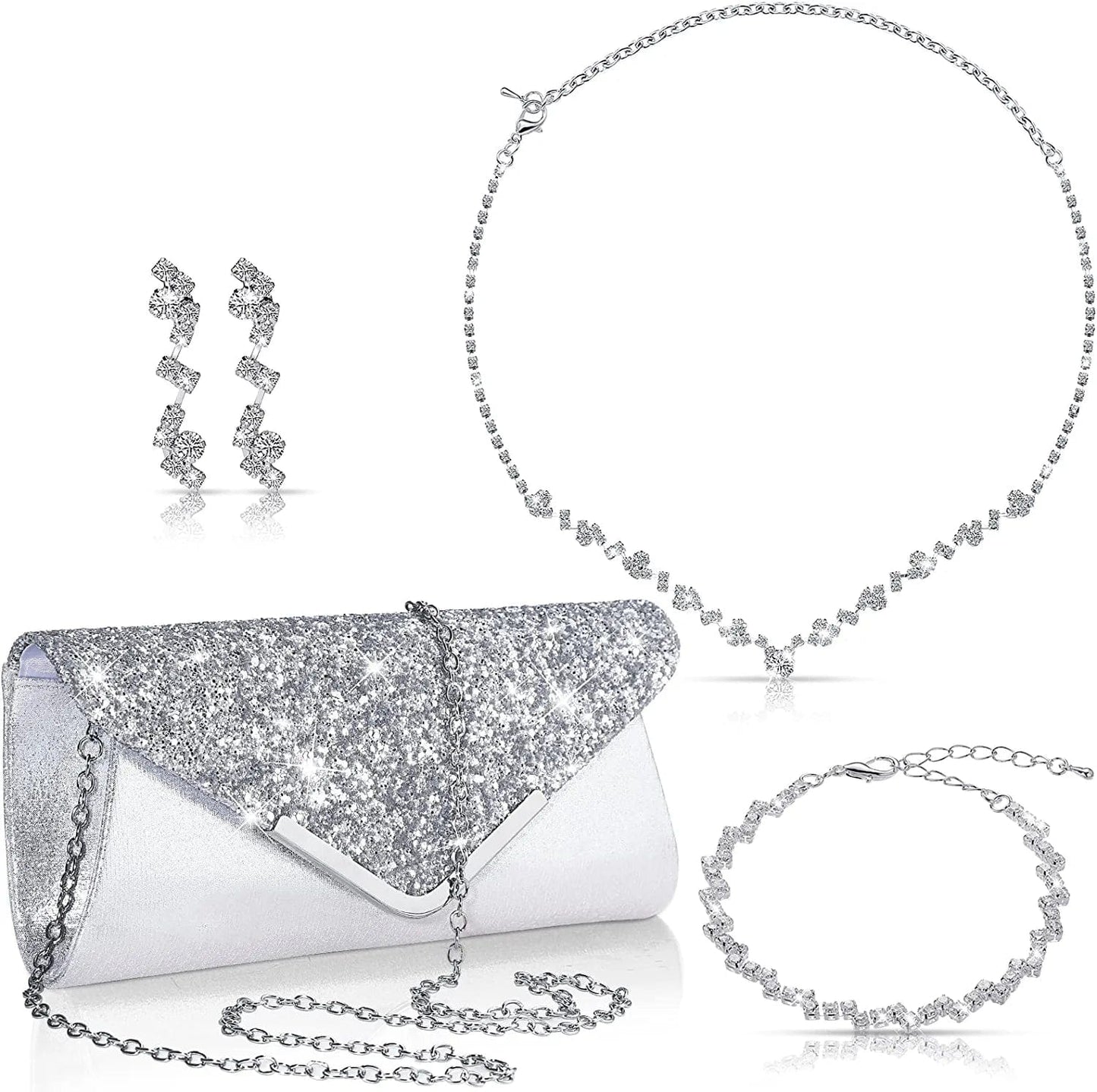 4 Pcs Women Rhinestone Jewelry Sets for Women Wedding Silver Jewelry Set Rhinestone Earrings Necklace Bracelet Evening Bag Handbag Clutch Silver Purses for Women Evening Party Silver / Fresh Style