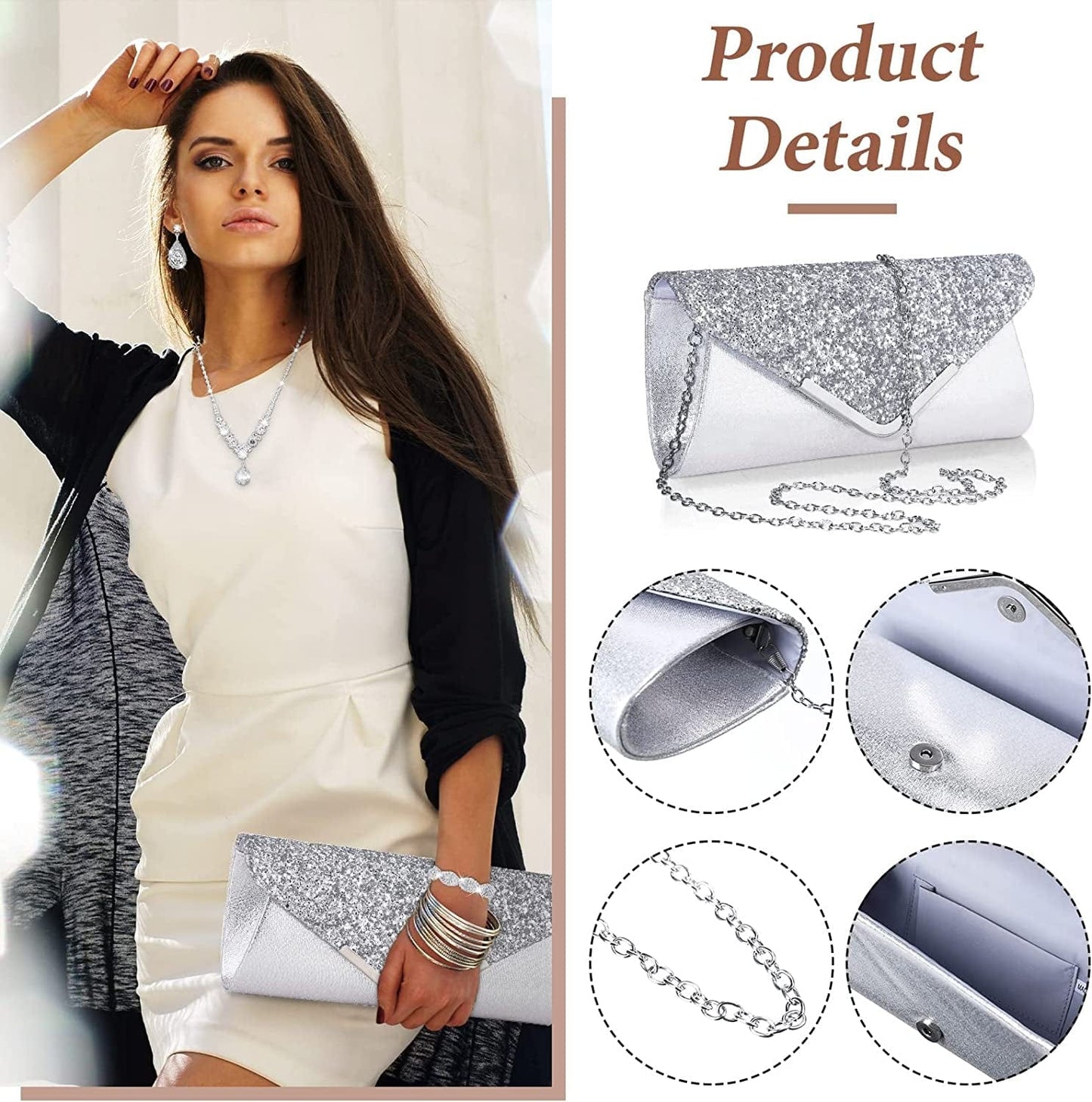 4 Pcs Women Rhinestone Jewelry Sets for Women Wedding Silver Jewelry Set Rhinestone Earrings Necklace Bracelet Evening Bag Handbag Clutch Silver Purses for Women Evening Party