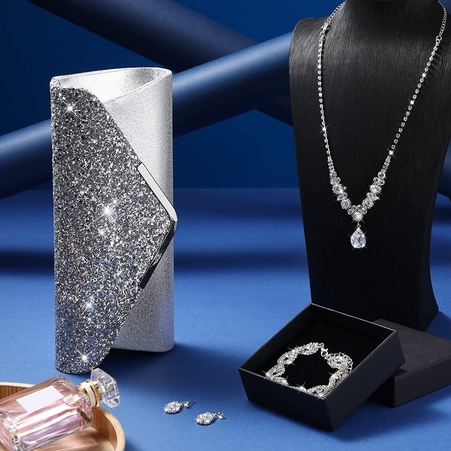 4 Pcs Women Rhinestone Jewelry Sets for Women Wedding Silver Jewelry Set Rhinestone Earrings Necklace Bracelet Evening Bag Handbag Clutch Silver Purses for Women Evening Party