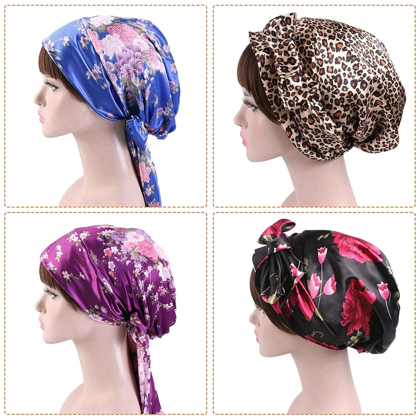 4 Piece Soft Satin Head Scarf Sleeping Cap Turbans Head Cover Bonnet Head Wear for Women (Set of 4) Apparel & Accessories > Clothing Accessories > Headwear YMHPRIDE