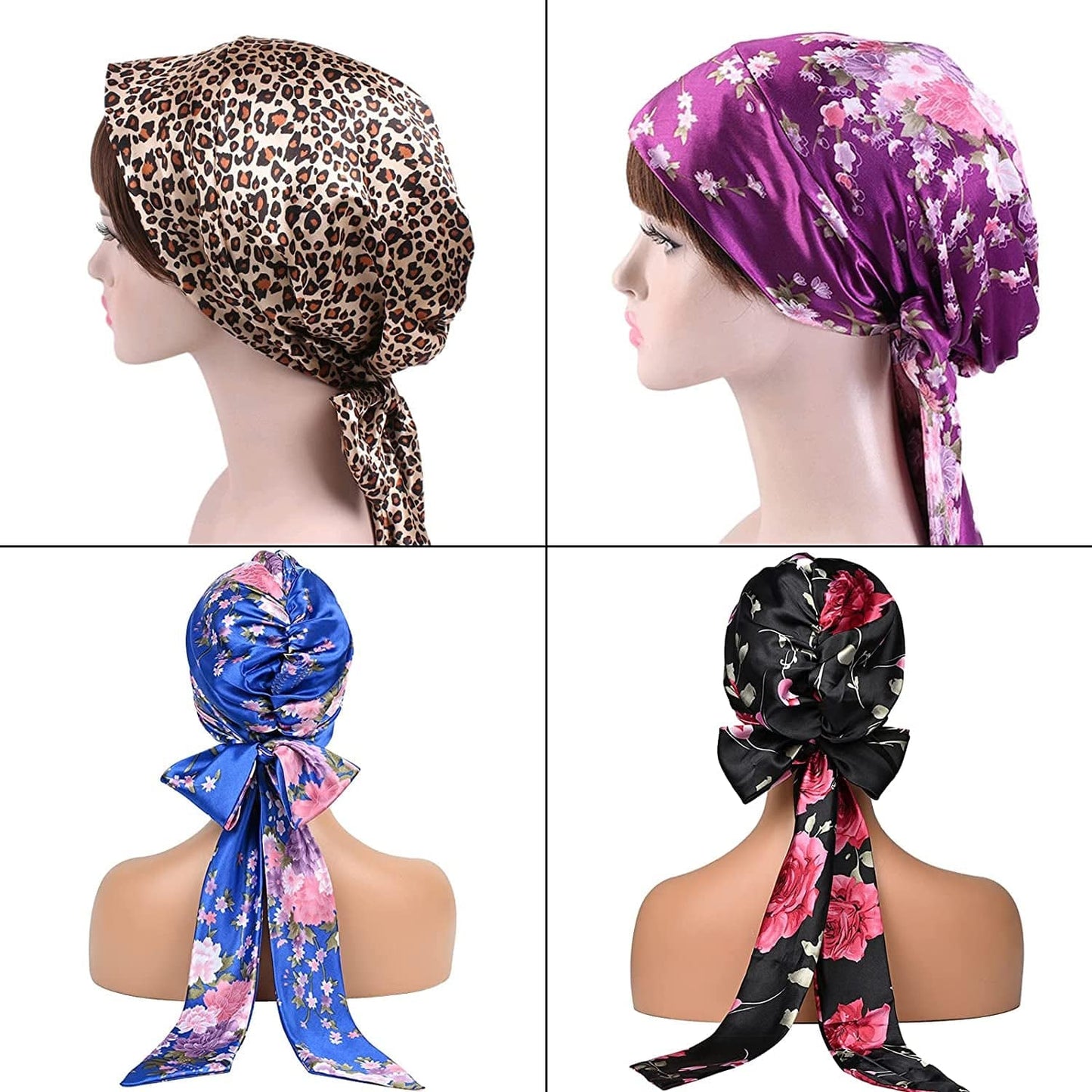 4 Piece Soft Satin Head Scarf Sleeping Cap Turbans Head Cover Bonnet Head Wear for Women (Set of 4) Apparel & Accessories > Clothing Accessories > Headwear YMHPRIDE